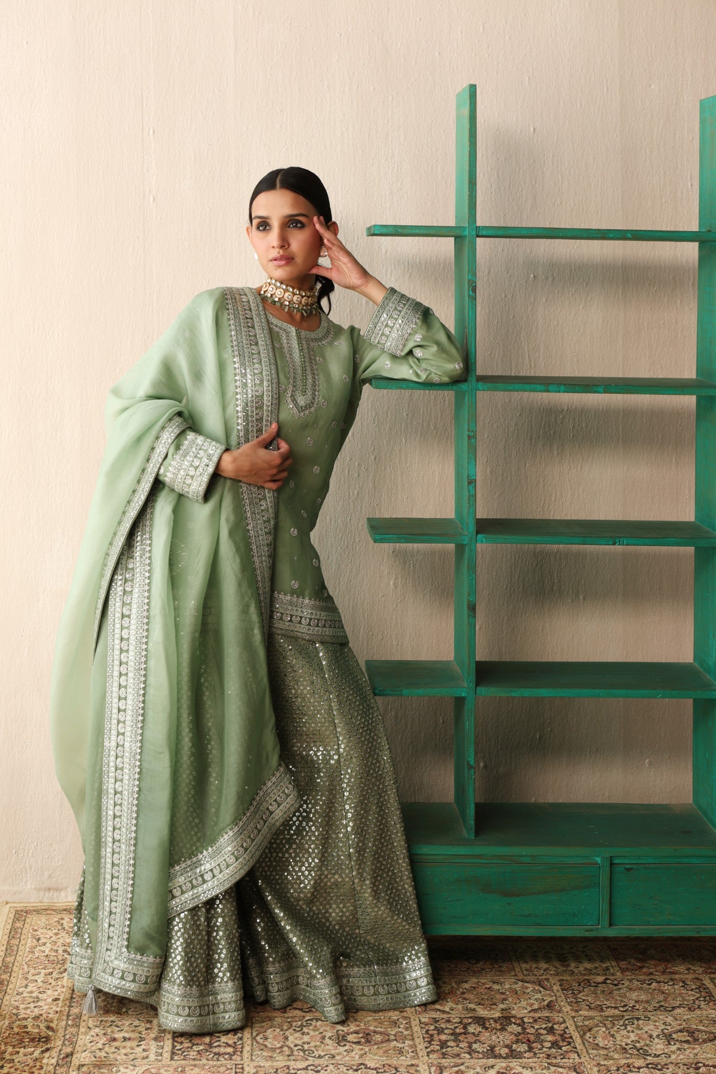 Fern-Green Ombre-Dyed Embroidered Pure Silk-Organza Short-Kurta-Sharara Set