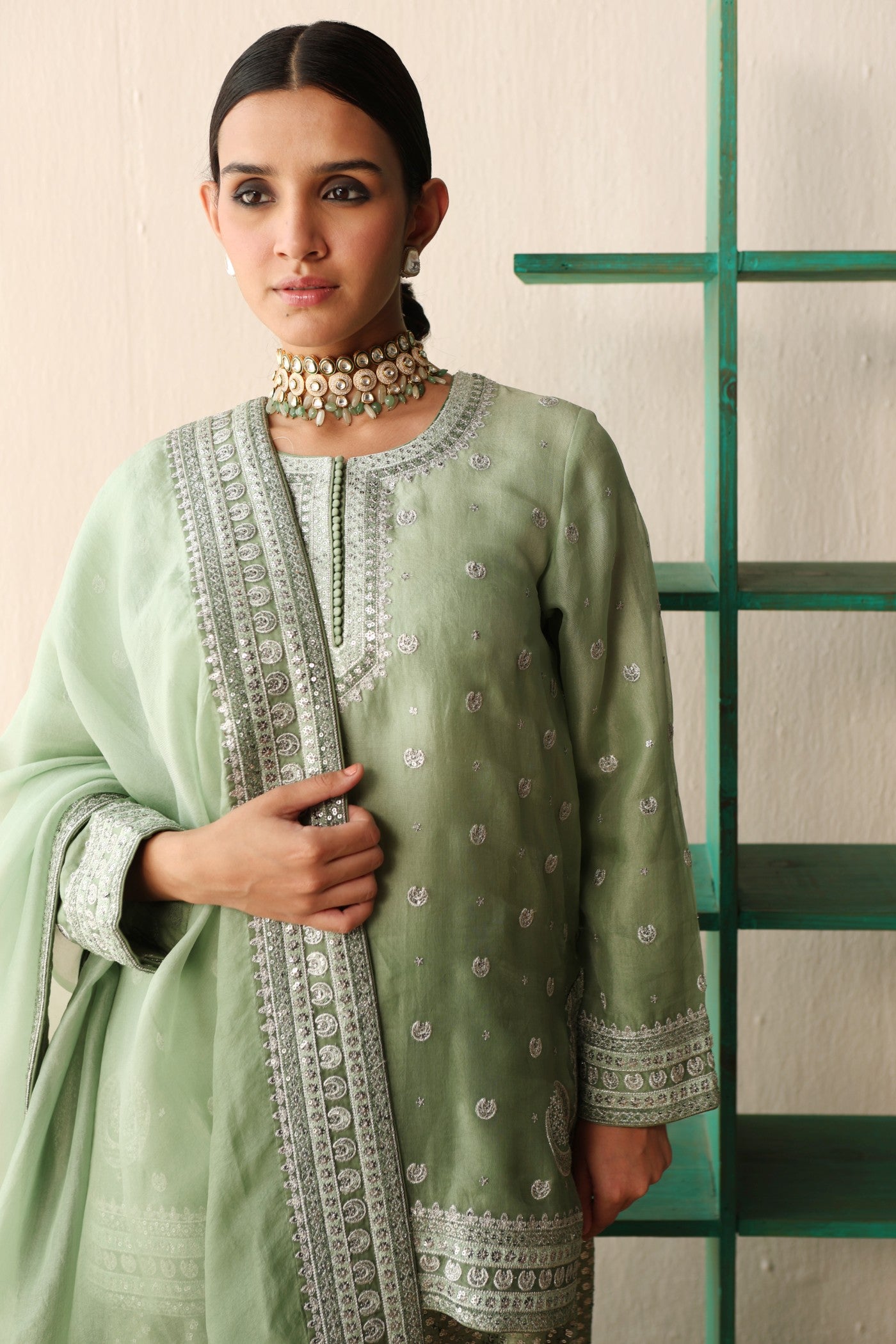 Fern-Green Ombre-Dyed Embroidered Pure Silk-Organza Short-Kurta-Sharara Set