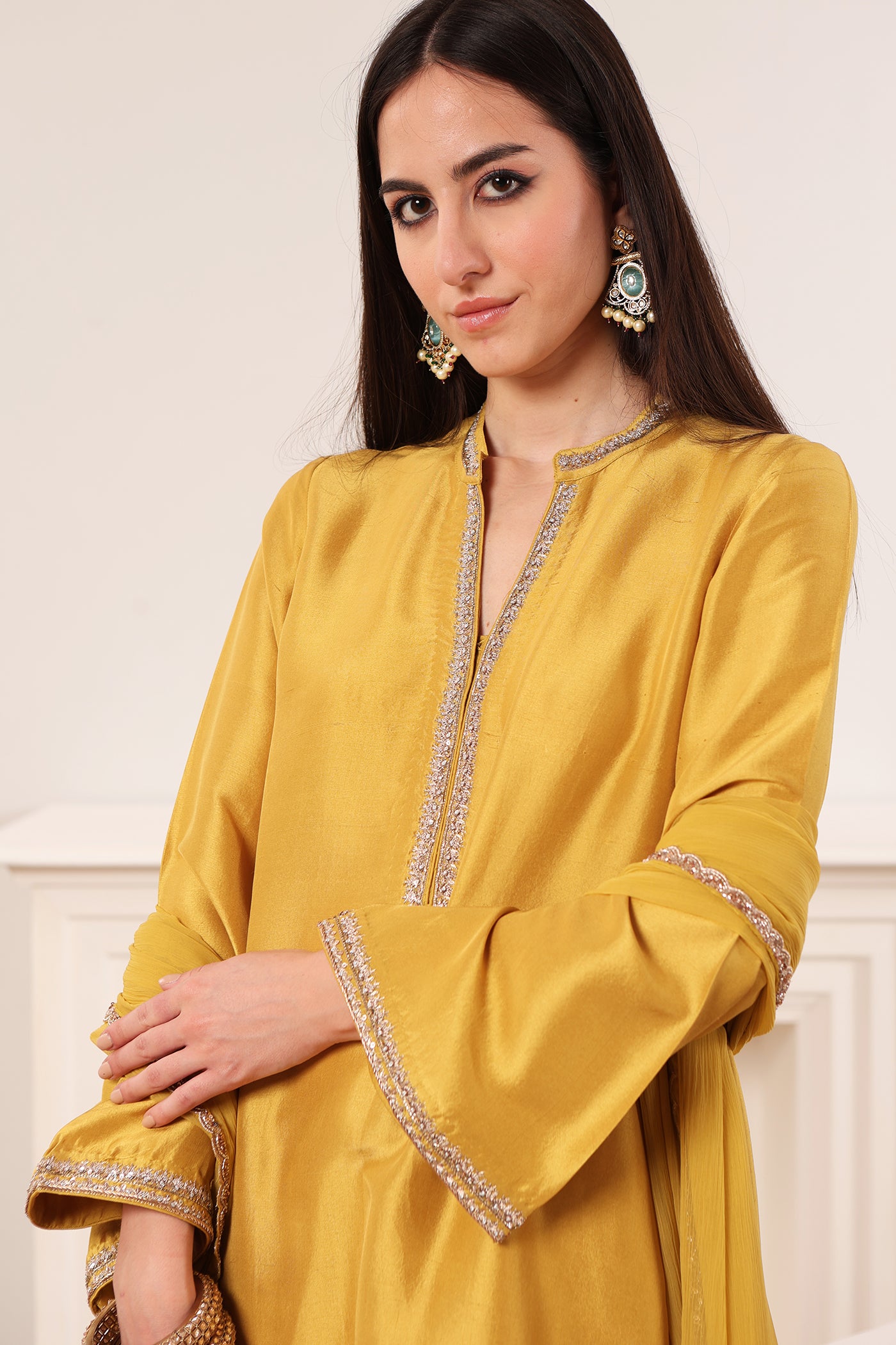 LIME-YELLOW HAND-EMBROIDERED PURE RAW-SILK SHORT KURTA-TULIP PANTS SET