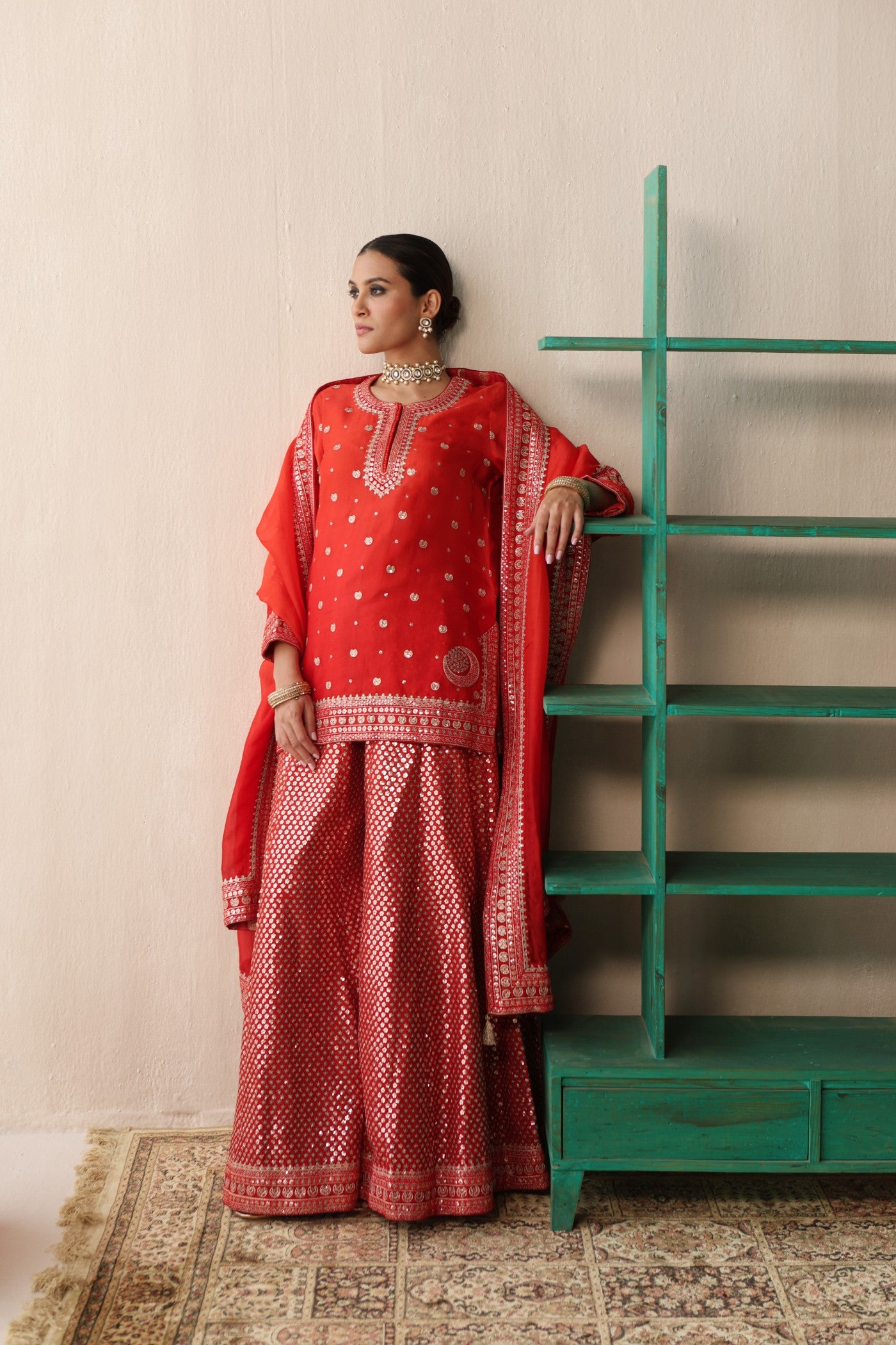 Tomato-Red Ombre-Dyed Embroidered Pure Silk-Organza Short-Kurta-Sharara Set