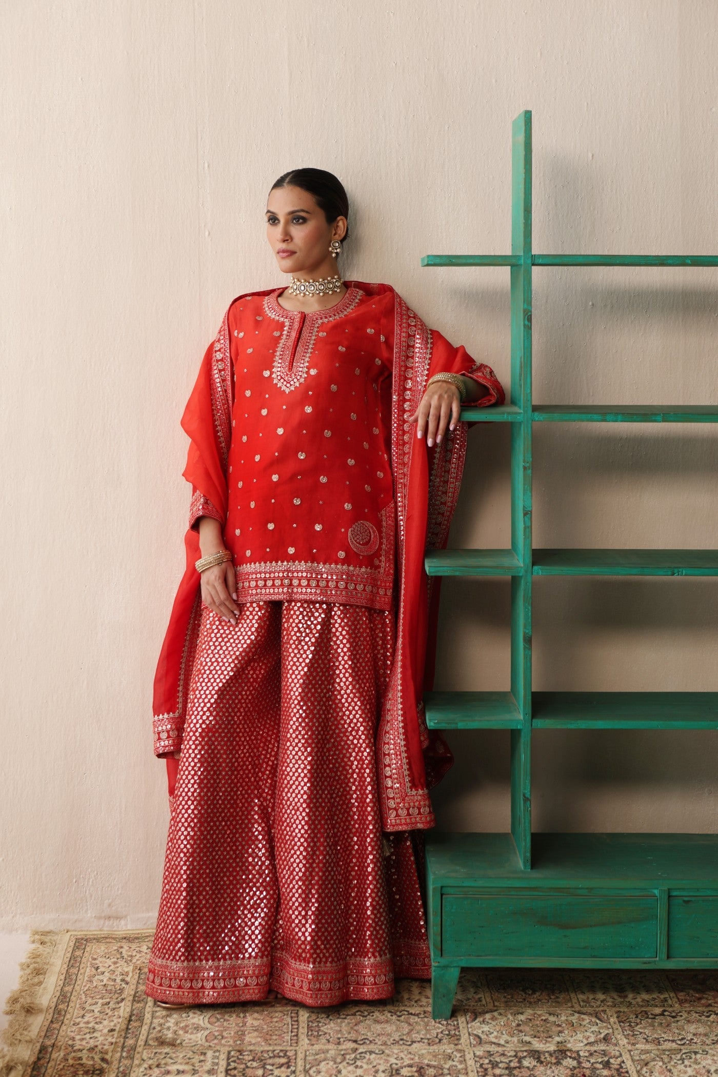 Tomato-Red Ombre-Dyed Embroidered Pure Silk-Organza Short-Kurta-Sharara Set