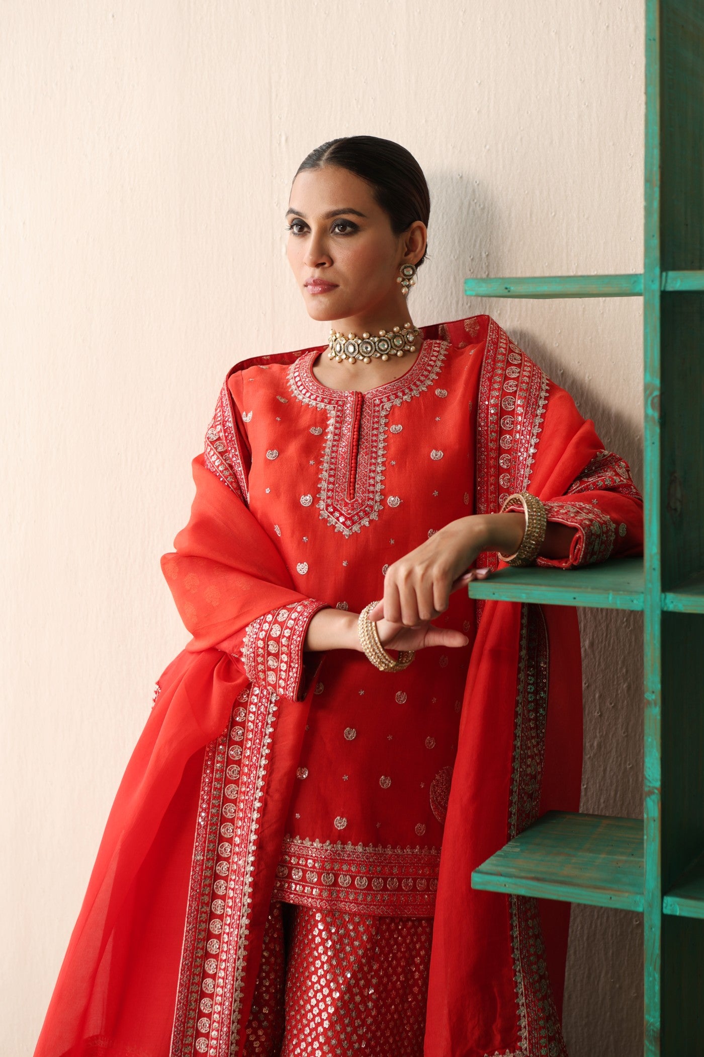 Tomato-Red Ombre-Dyed Embroidered Pure Silk-Organza Short-Kurta-Sharara Set