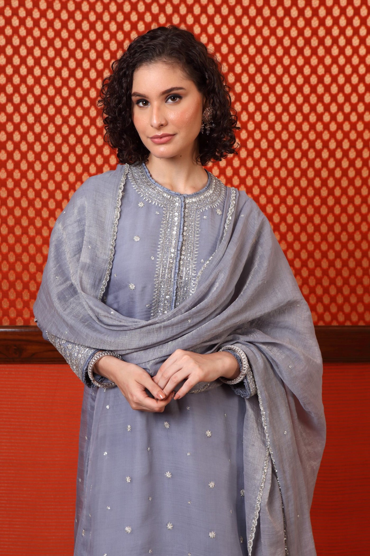 Hand Embroidered Dusk Blue Pure Katan Silk Kurta Sharara Set