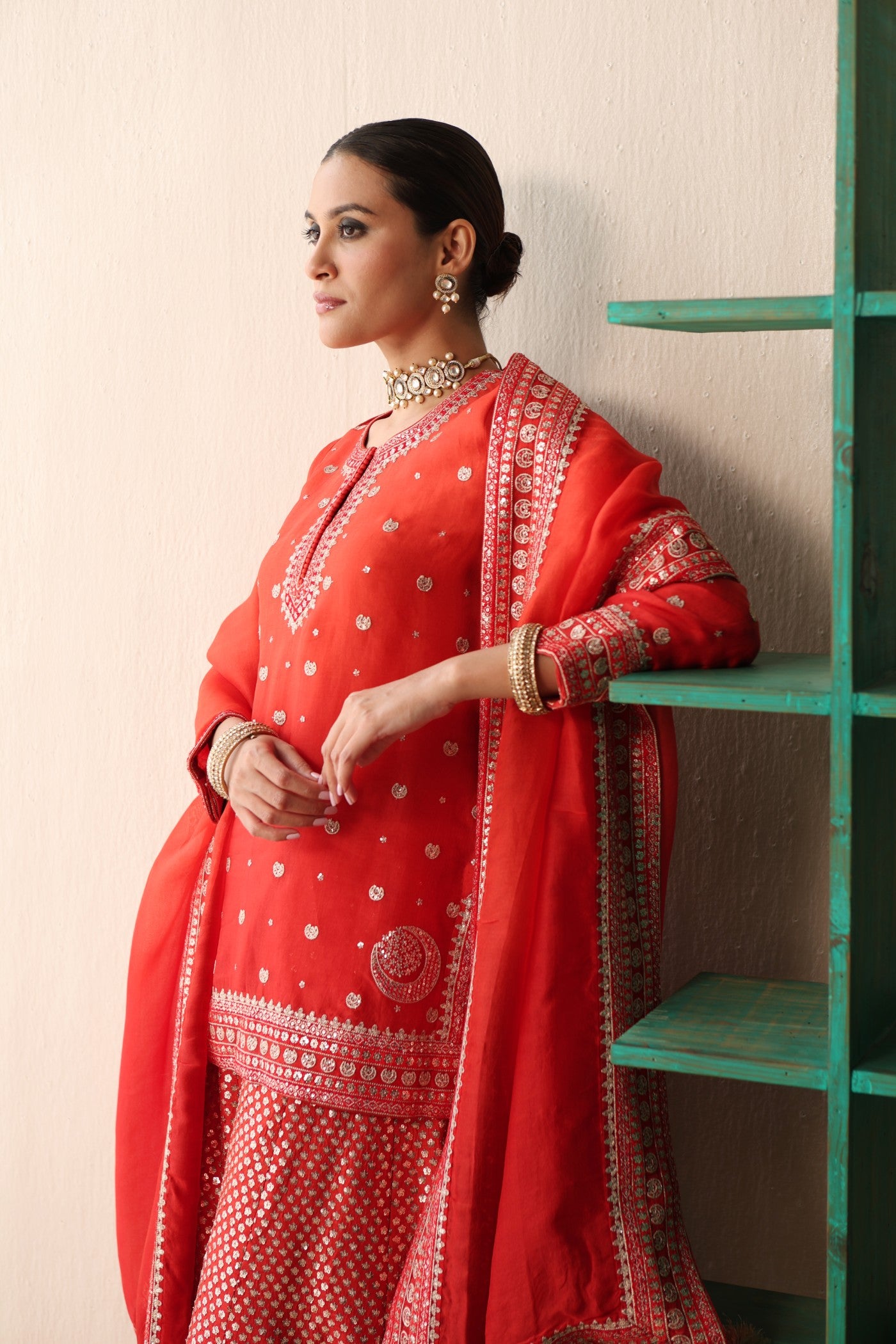 Tomato-Red Ombre-Dyed Embroidered Pure Silk-Organza Short-Kurta-Sharara Set