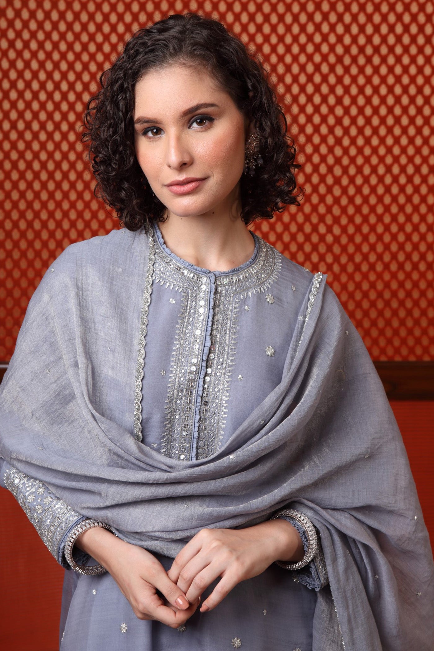 Hand Embroidered Dusk Blue Pure Katan Silk Kurta Sharara Set