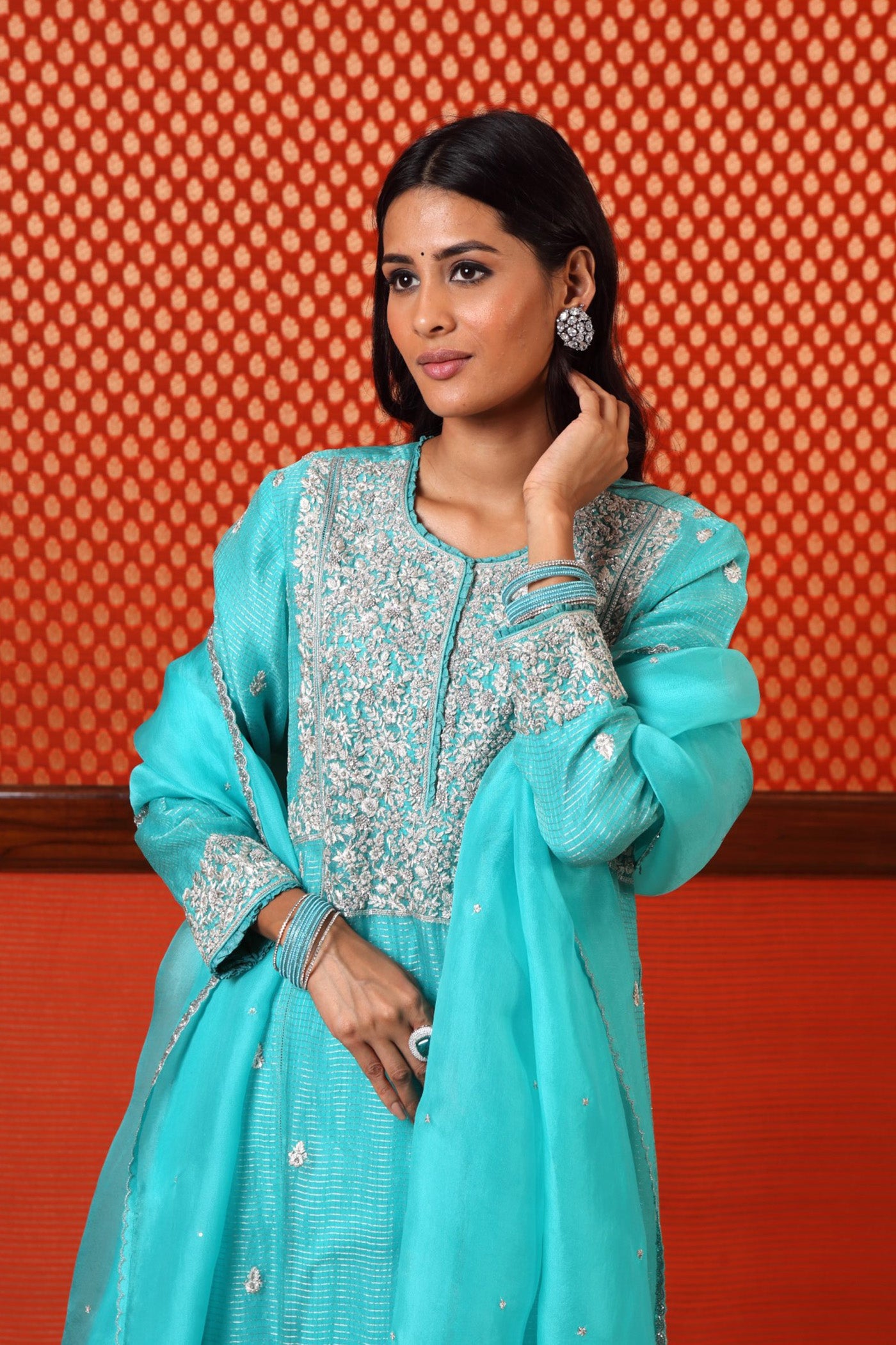 Hand Embroidered Sea Blue Pure Katan Silk Kurta Sharara Set A