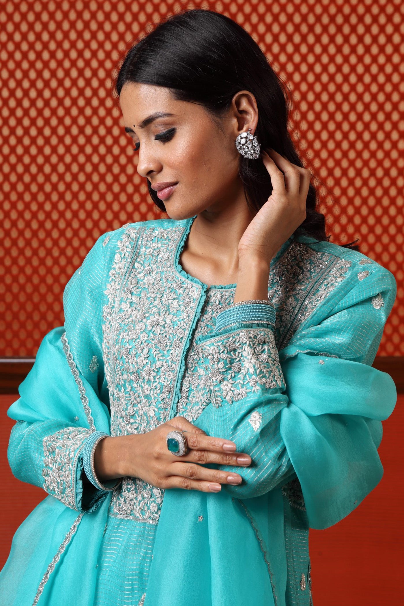 Hand Embroidered Sea Blue Pure Katan Silk Kurta Sharara Set A