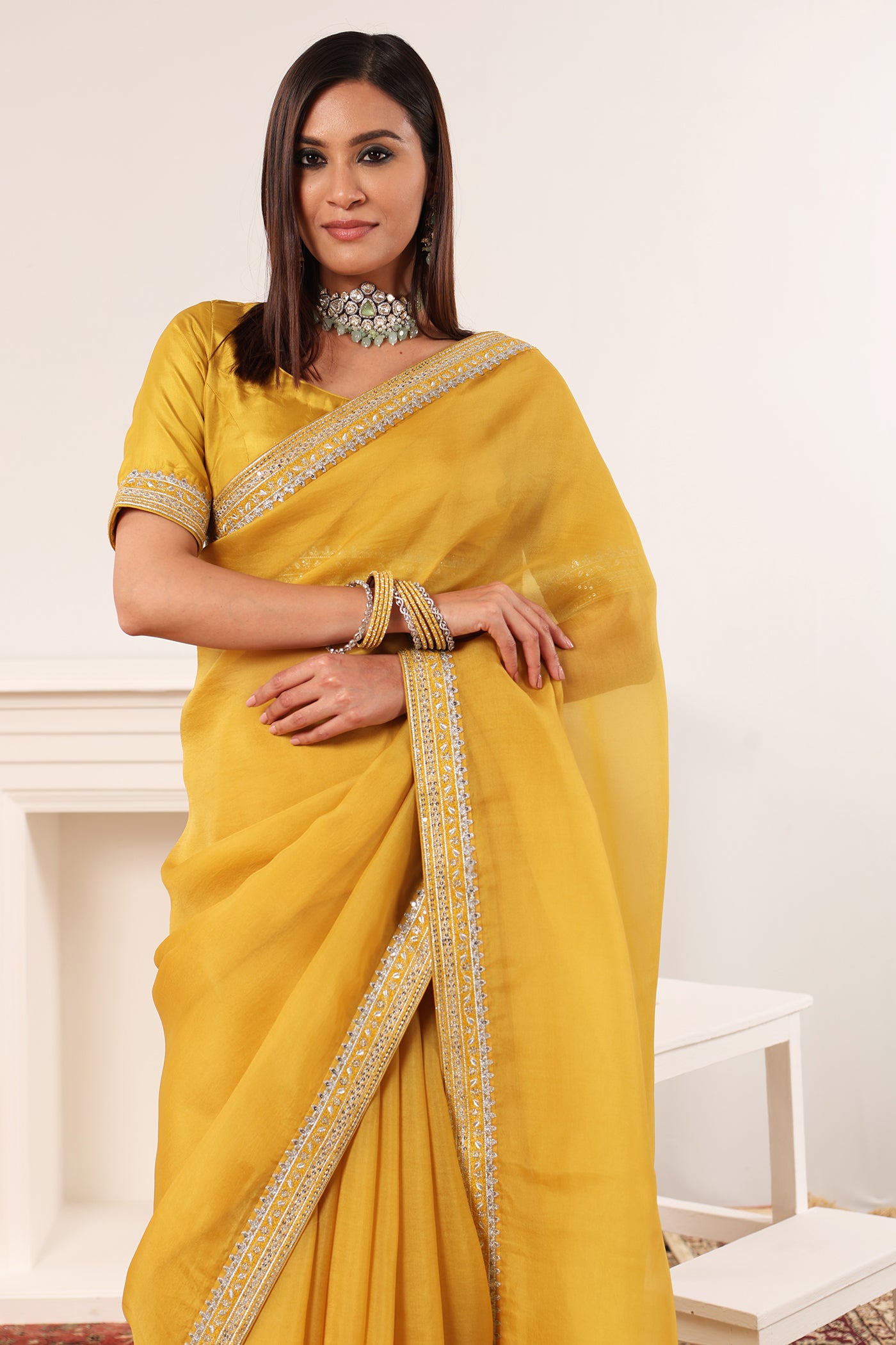Lime-Yellow Embroidered Pure Silk-Organza Saree-Blouse Set