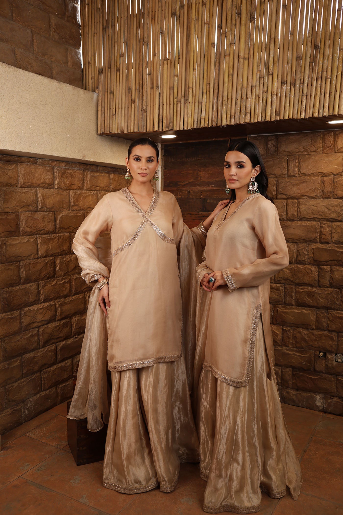 Sand-Beige Embroidered Pure Silk Organza Short Kurta Paired With Pure Silk Tissue Sharara & Dupatta Set