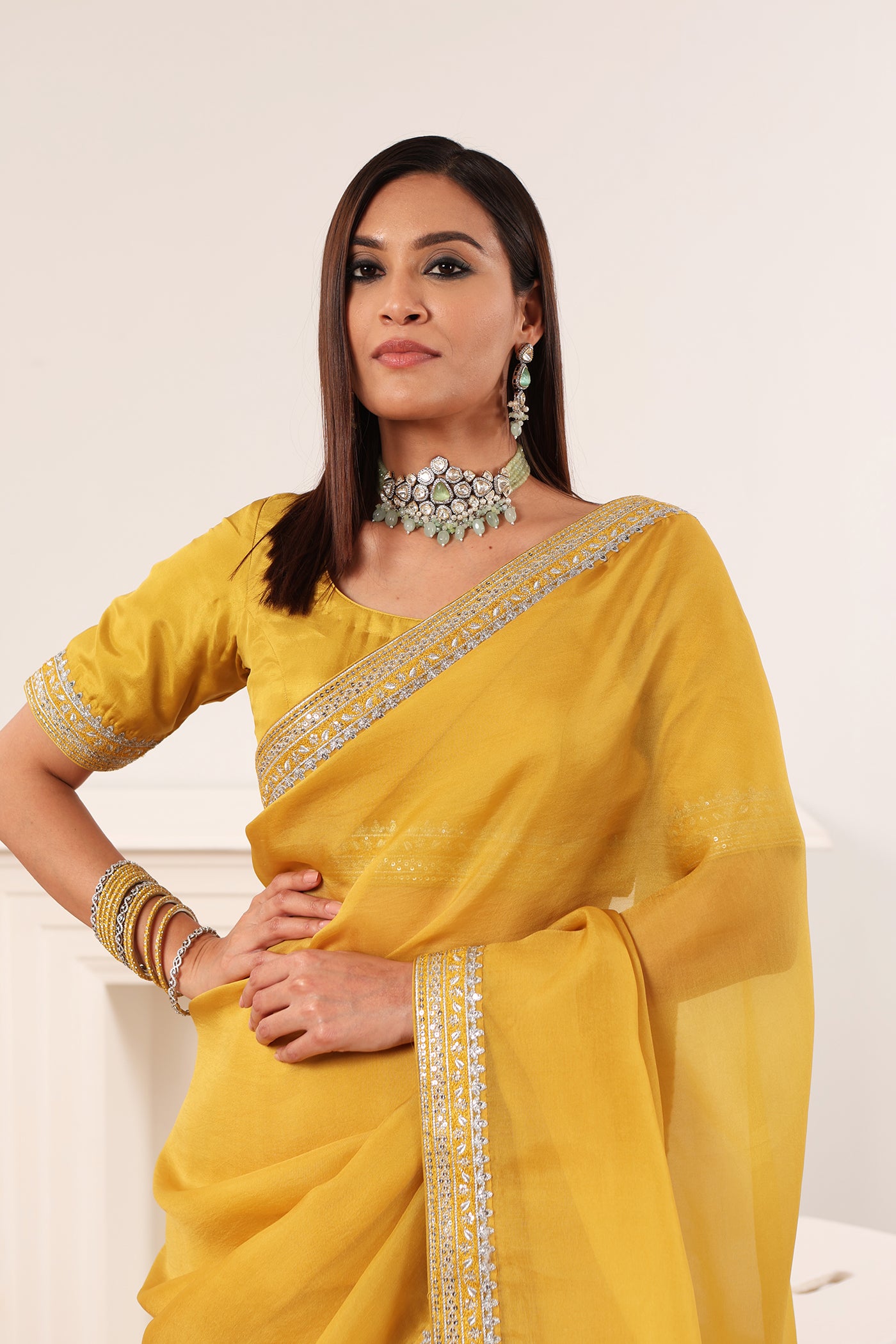 Priya Banerjee in Lime-Yellow Embroidered Pure Silk-Organza Saree-Blouse Set