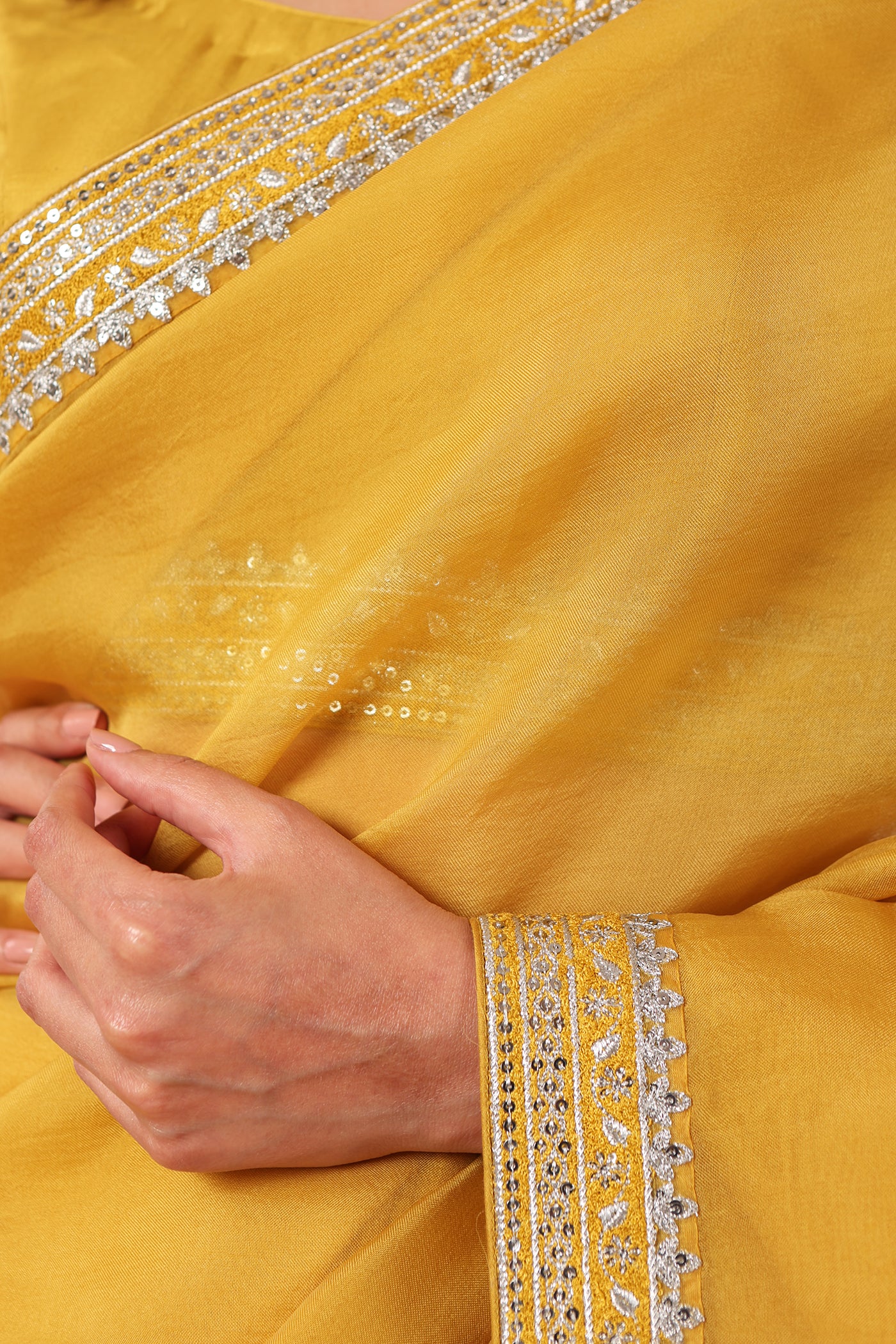 Priya Banerjee in Lime-Yellow Embroidered Pure Silk-Organza Saree-Blouse Set