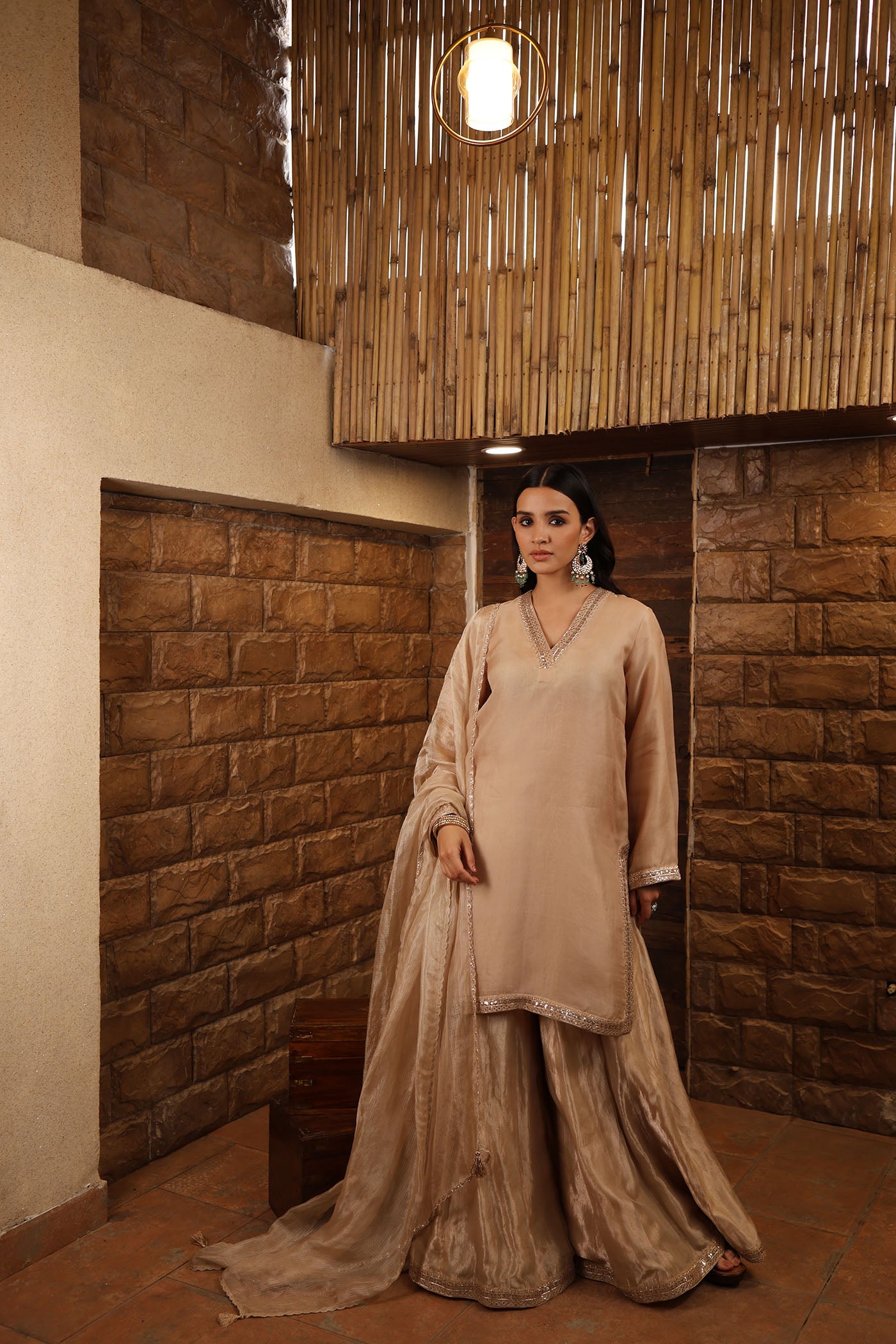 Sand-Beige Embroidered Pure Silk Organza Short Kurta Paired With Pure Silk Tissue Sharara & Dupatta Set