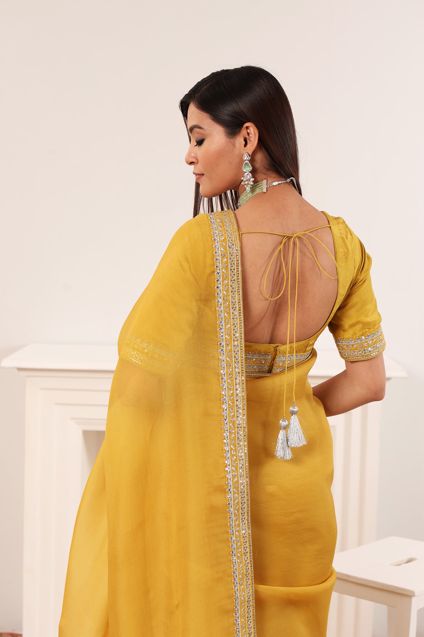 Priya Banerjee in Lime-Yellow Embroidered Pure Silk-Organza Saree-Blouse Set