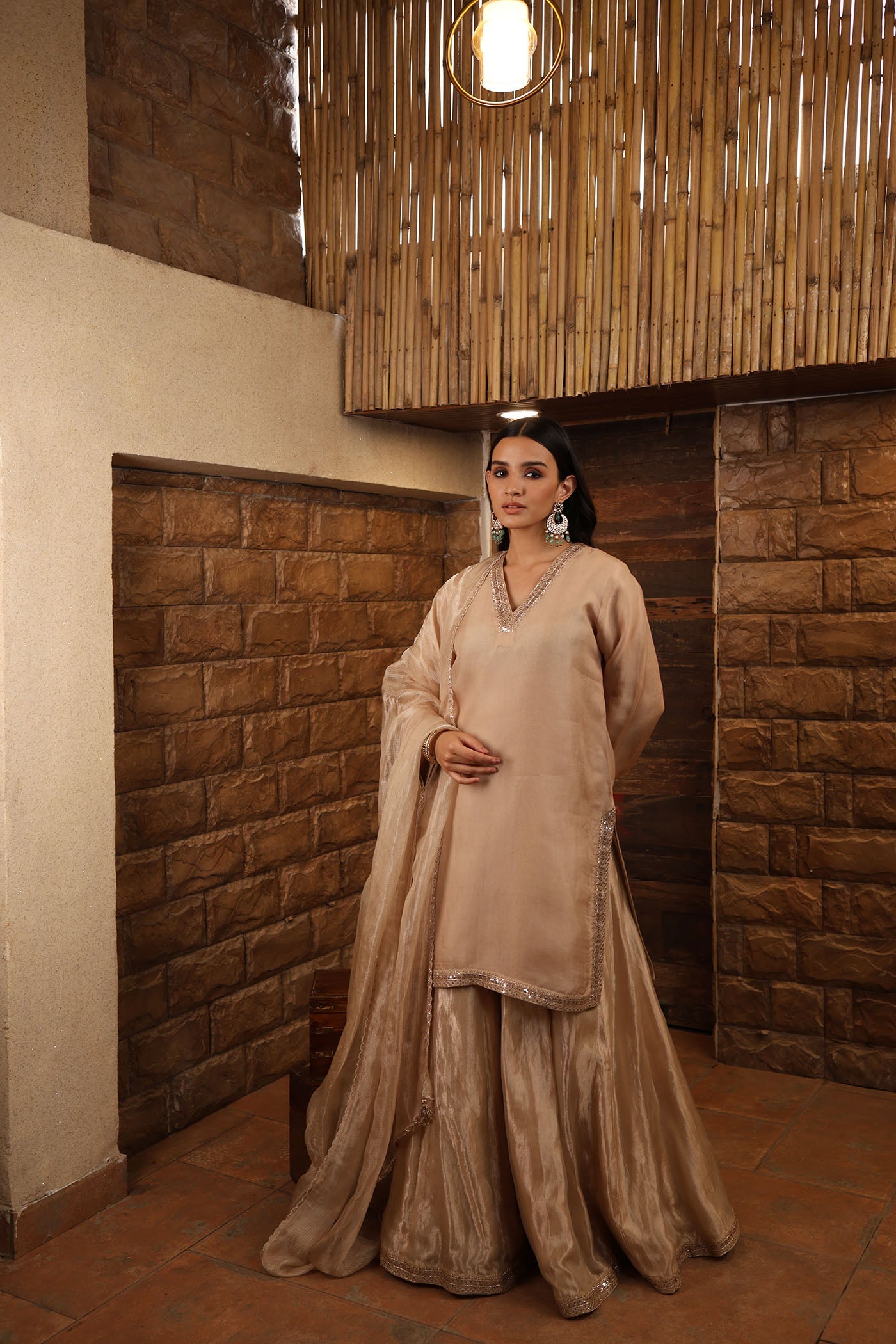 Sand-Beige Embroidered Pure Silk Organza Short Kurta Paired With Pure Silk Tissue Sharara & Dupatta Set