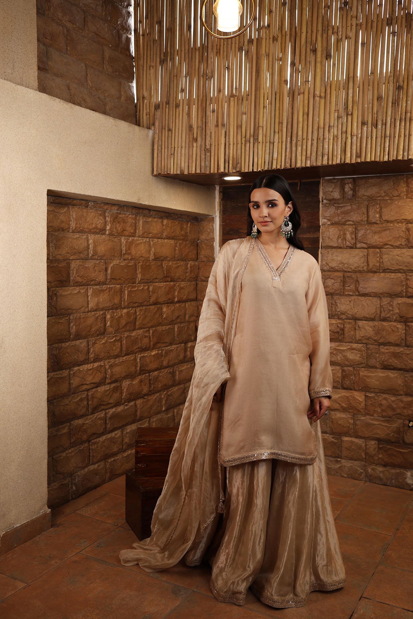 Sand-Beige Embroidered Pure Silk Organza Short Kurta Paired With Pure Silk Tissue Sharara & Dupatta Set