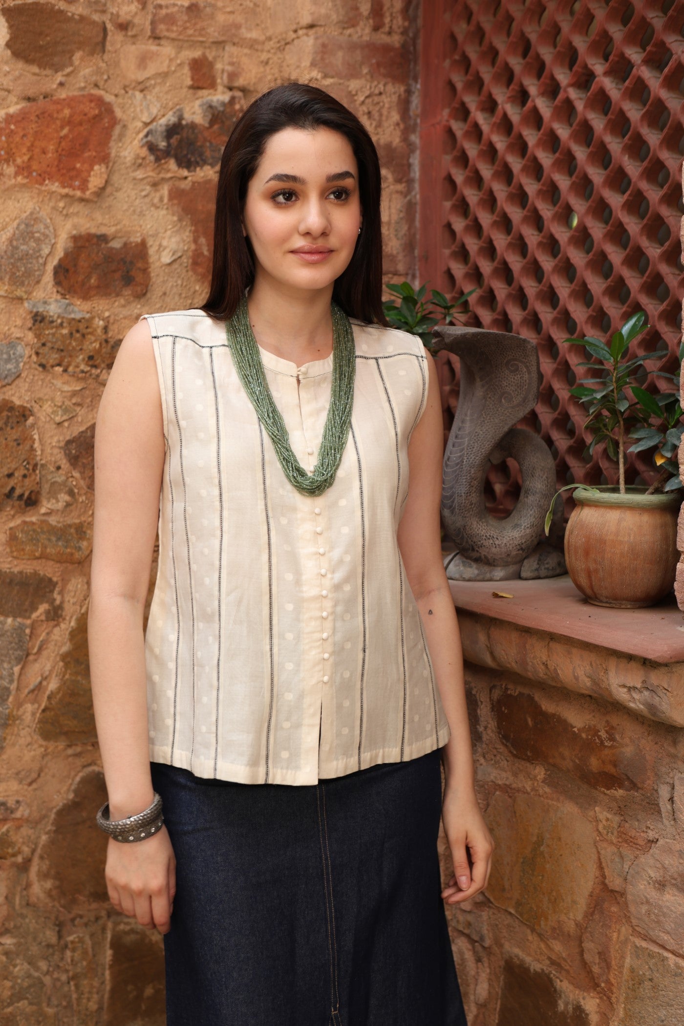 Ivory Pure Cotton-Silk & Pure Cotton-Silk With Self Polka Dots Sleeveless Band- Collared Short-Blouse With Black Threadwork Detail