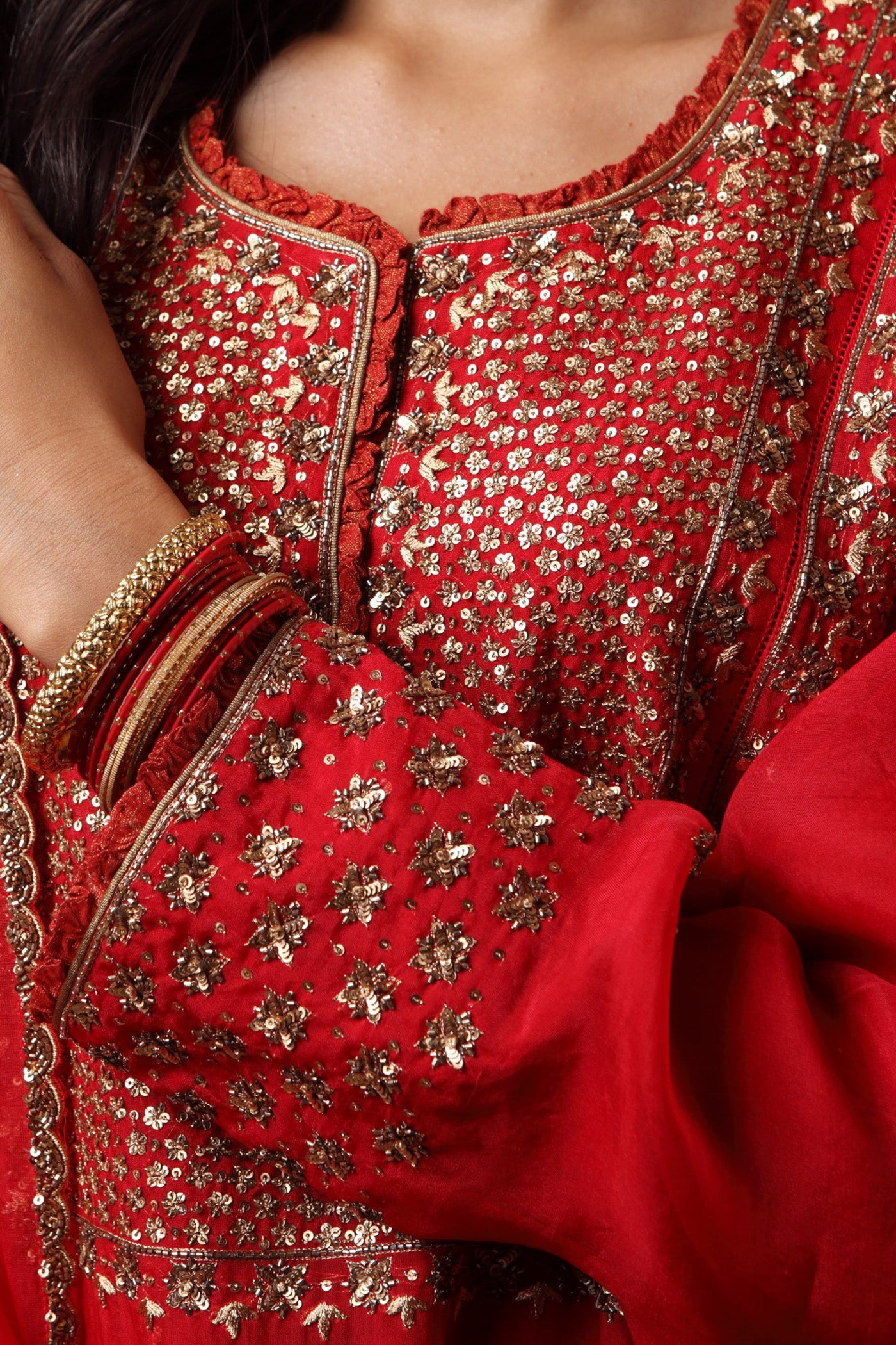 Hand Embroidered Bridal Red Pure Silk Organza Kurta Sharara Set