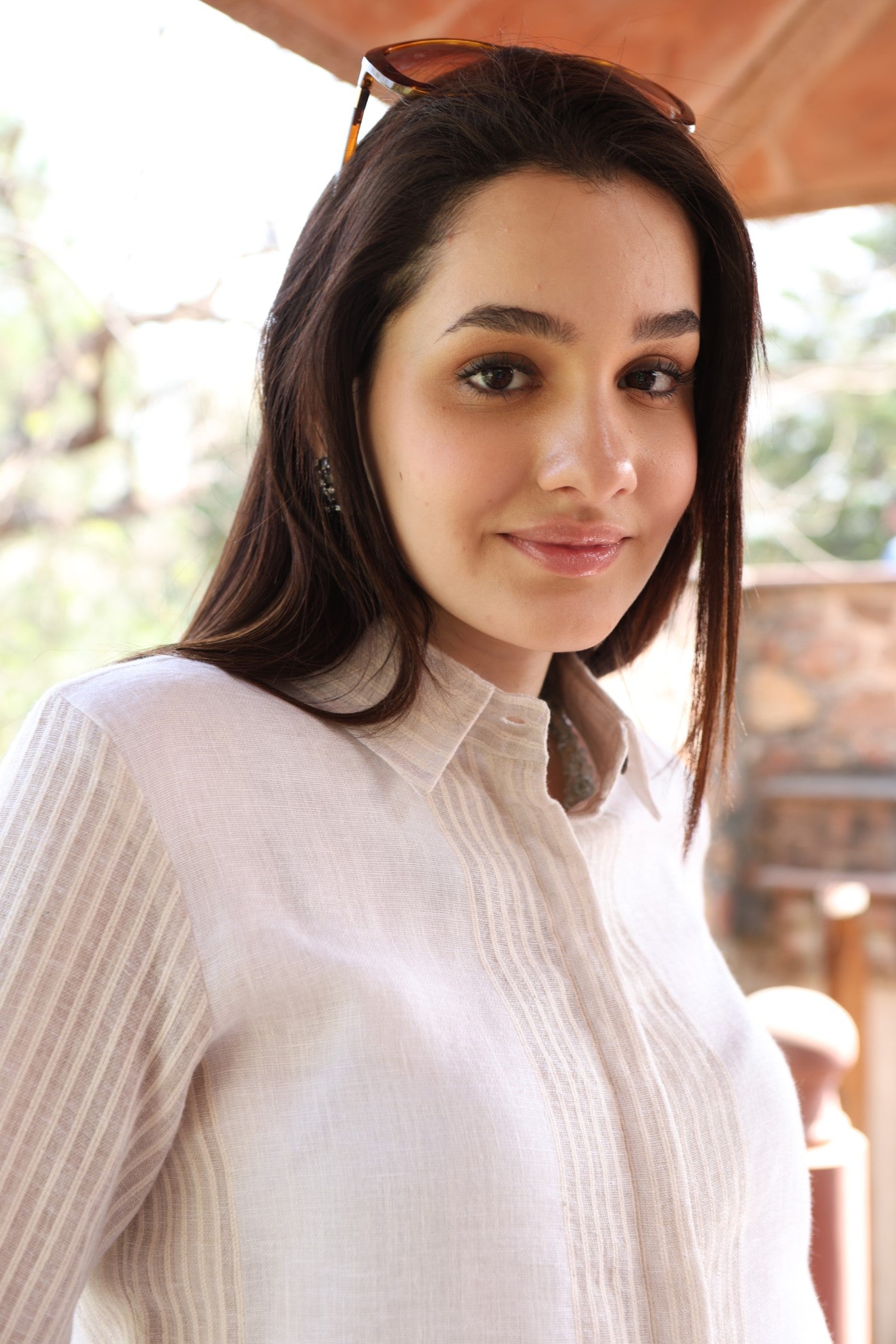 Ivory Handloom Pure Linen Front-Open Collared Short Blouse With Woven Stripe Details