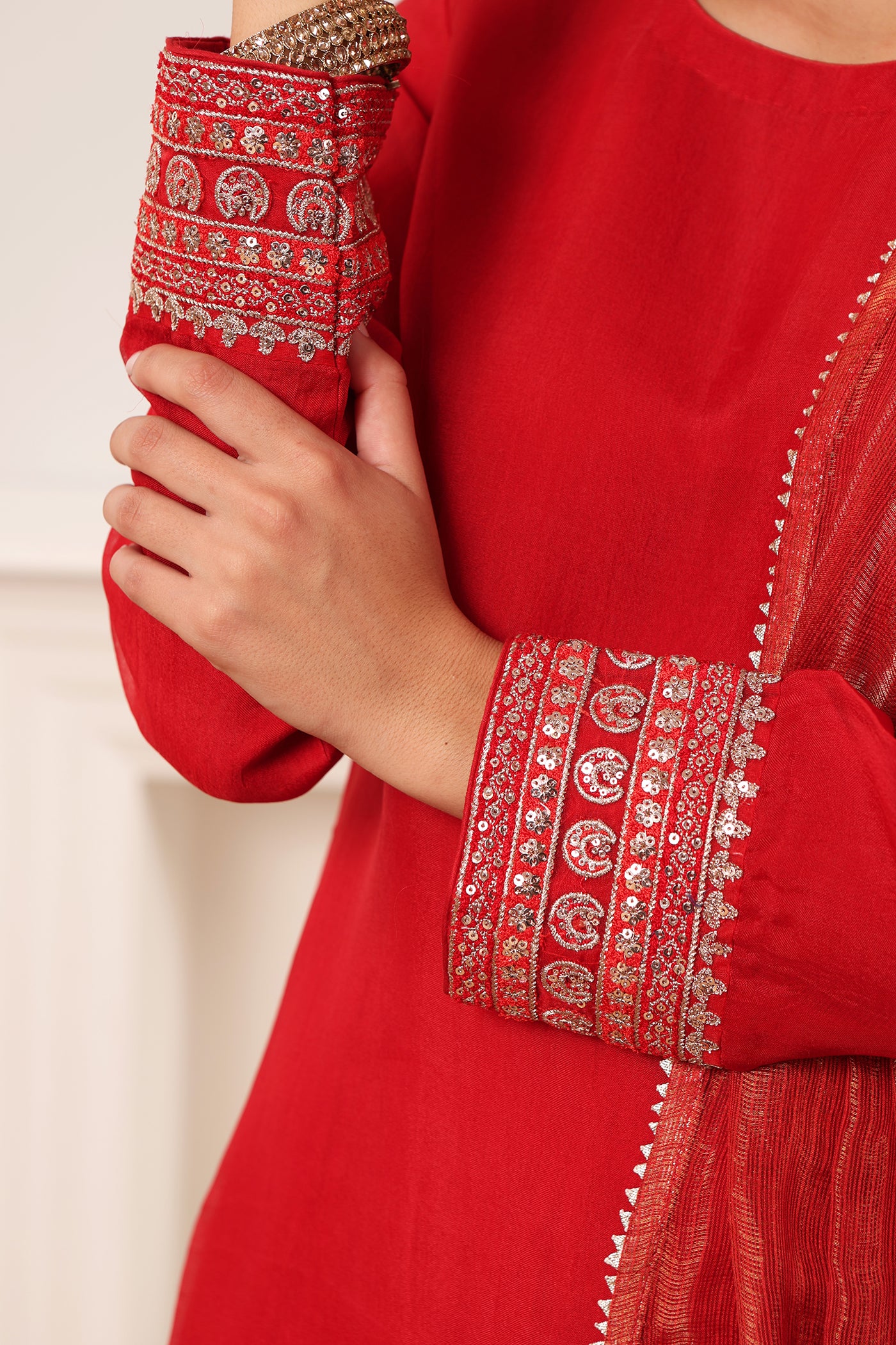 Red Embroidered Pure Silk-Organza Kurta-Pants Set