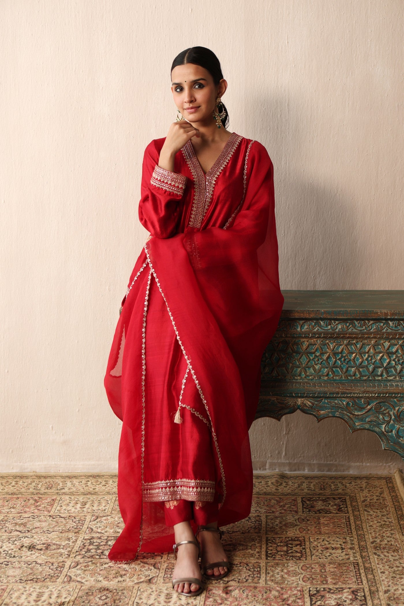 Bridal-Red Embroidered Pure Silk Kurta-Pants Set