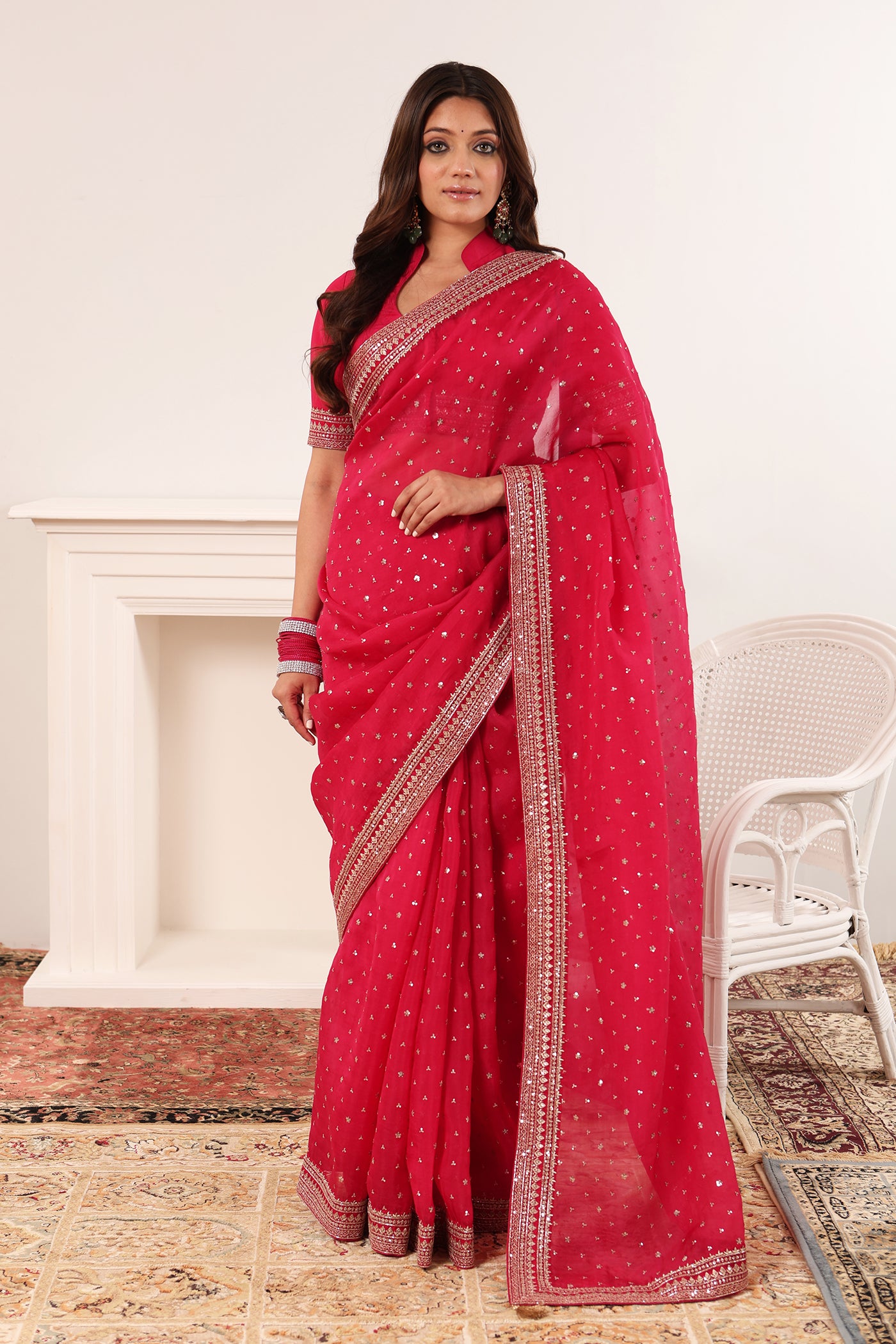 Rani-Pink Hand-Embroidered Pure Silk-Organza Saree-Blouse Set