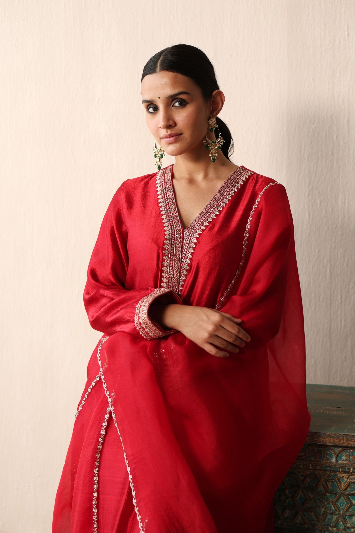 Bridal-Red Embroidered Pure Silk Kurta-Pants Set