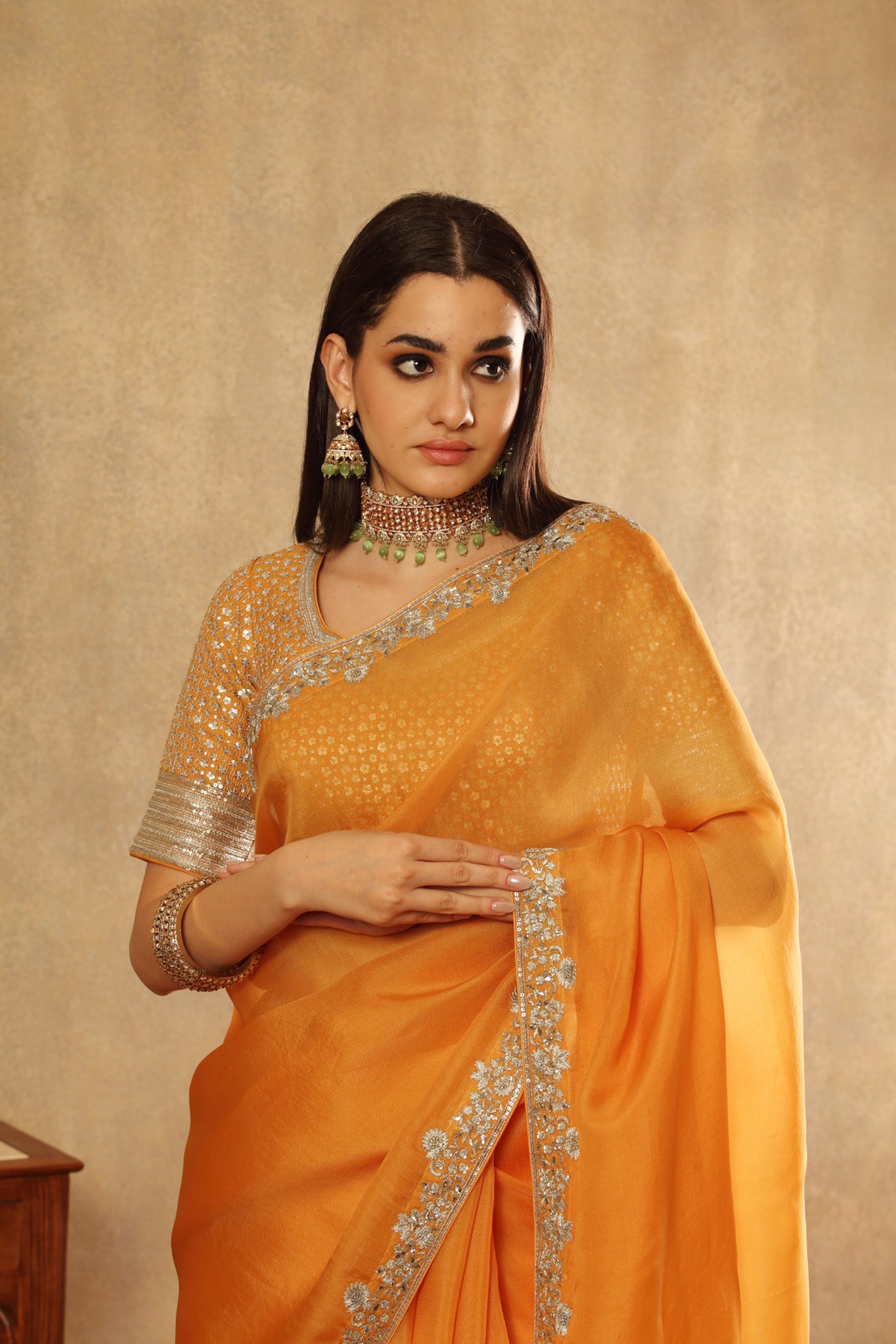 Hand Embroidered Marigold Yellow Pure Silk Organza Saree Blouse Set