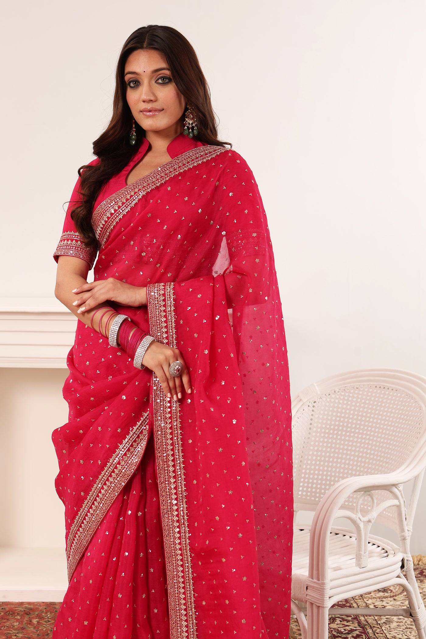 Rani-Pink Hand-Embroidered Pure Silk-Organza Saree-Blouse Set