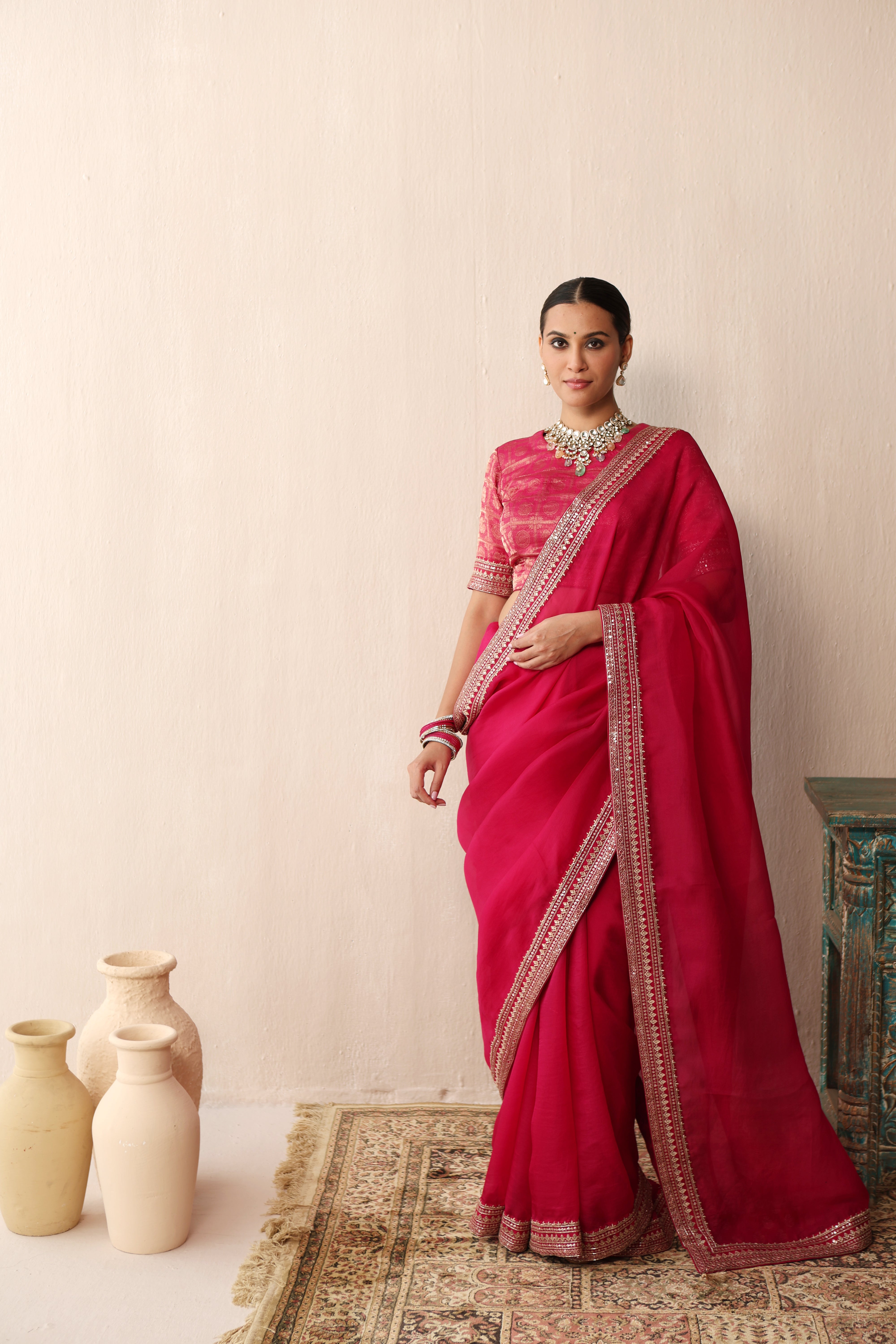 Rani-Pink Embroidered Pure Silk-Organza Saree With Pure Silk Brocade Blouse Set