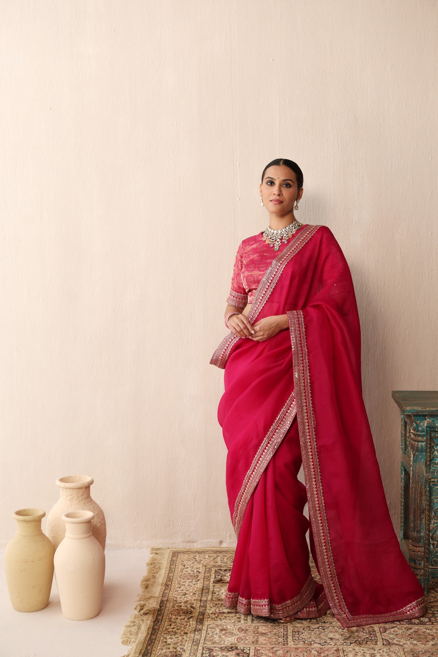 Bridal Red Embroidered Pure Silk-Organza Saree With Pure Silk Brocade Blouse Set