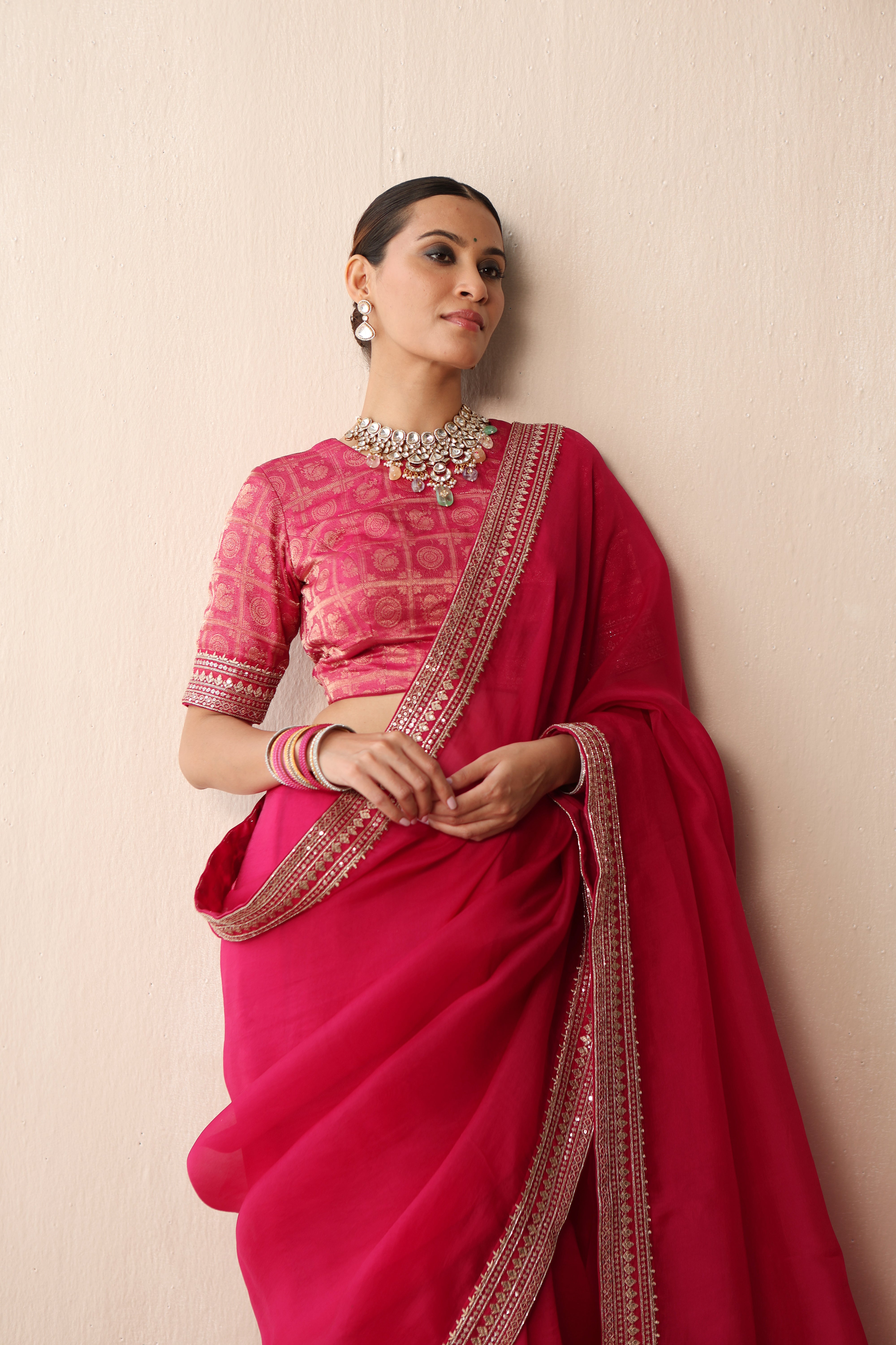 Rani-Pink Embroidered Pure Silk-Organza Saree With Pure Silk Brocade Blouse Set