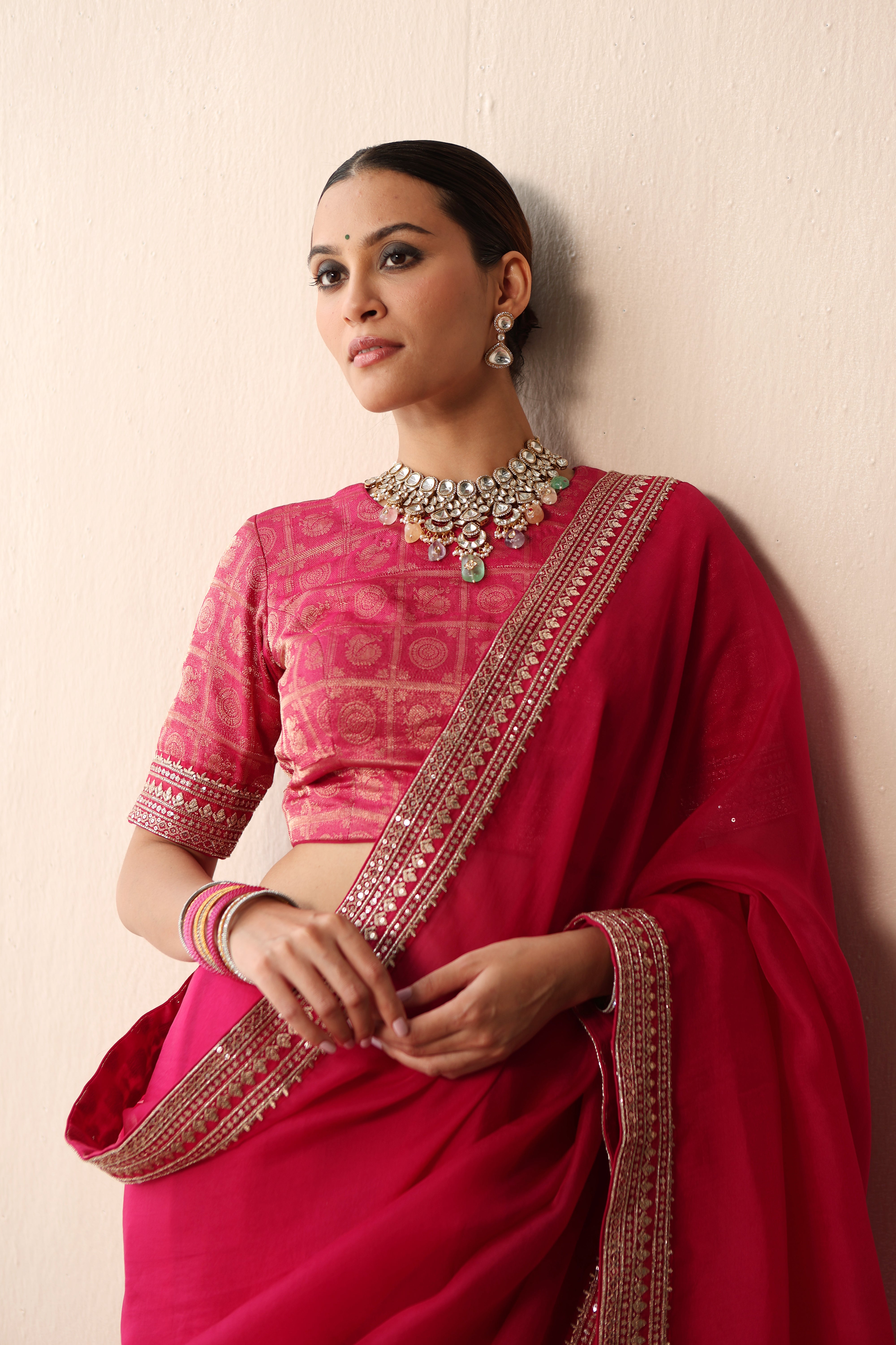 Rani-Pink Embroidered Pure Silk-Organza Saree With Pure Silk Brocade Blouse Set