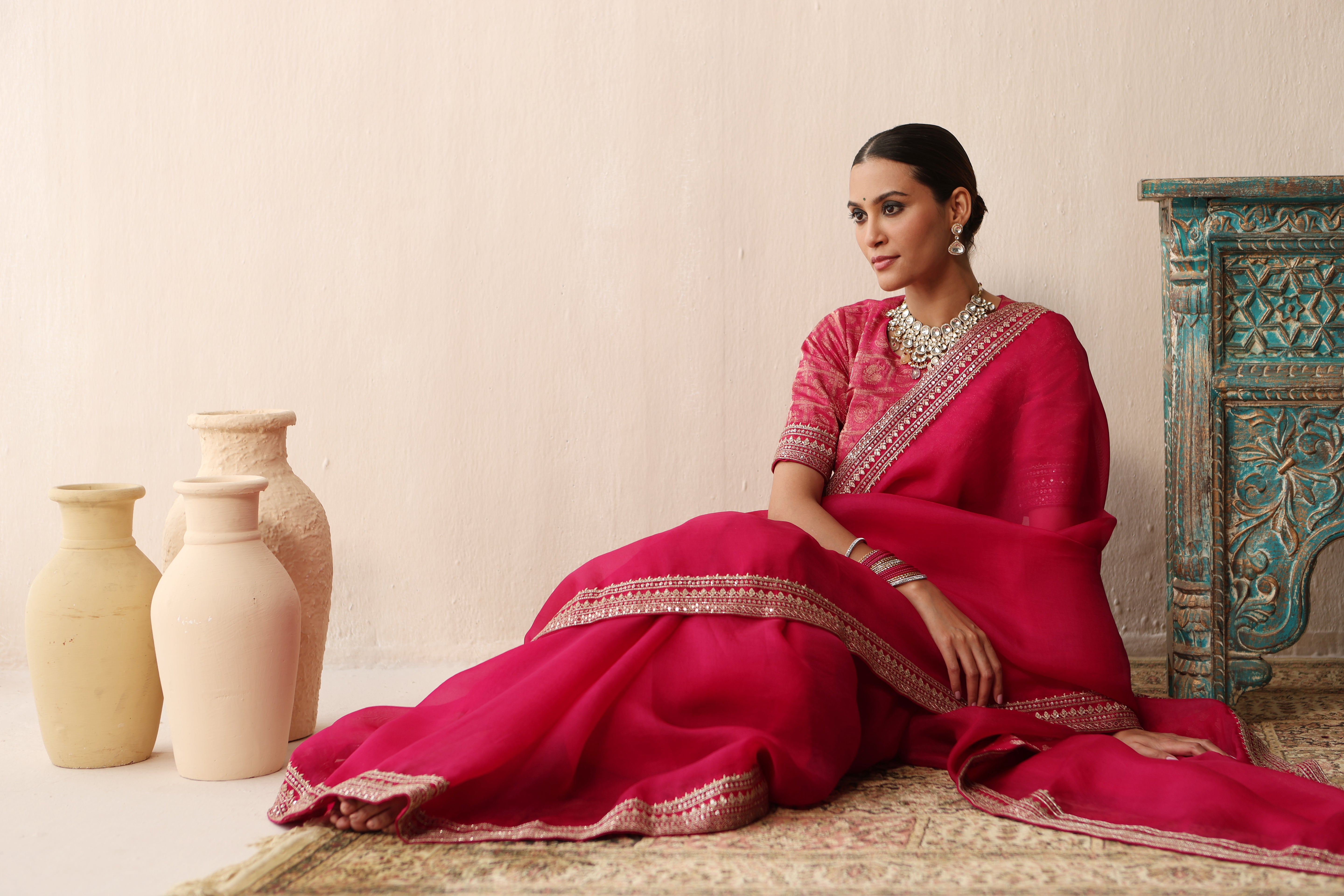 Rani-Pink Embroidered Pure Silk-Organza Saree With Pure Silk Brocade Blouse Set