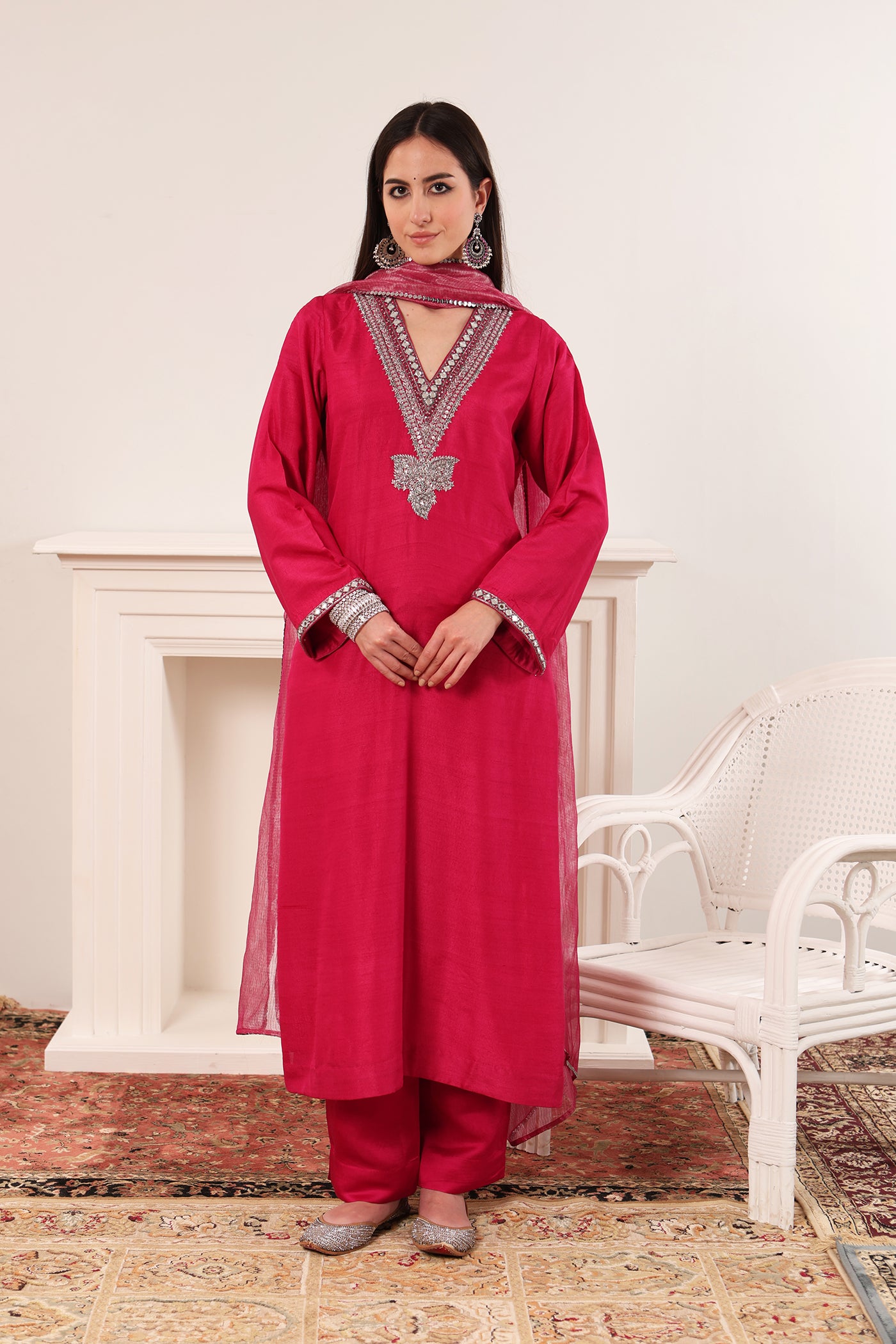 Rani-Pink Hand-Embroidered Pure Muga-Silk Kurta-Pants Set