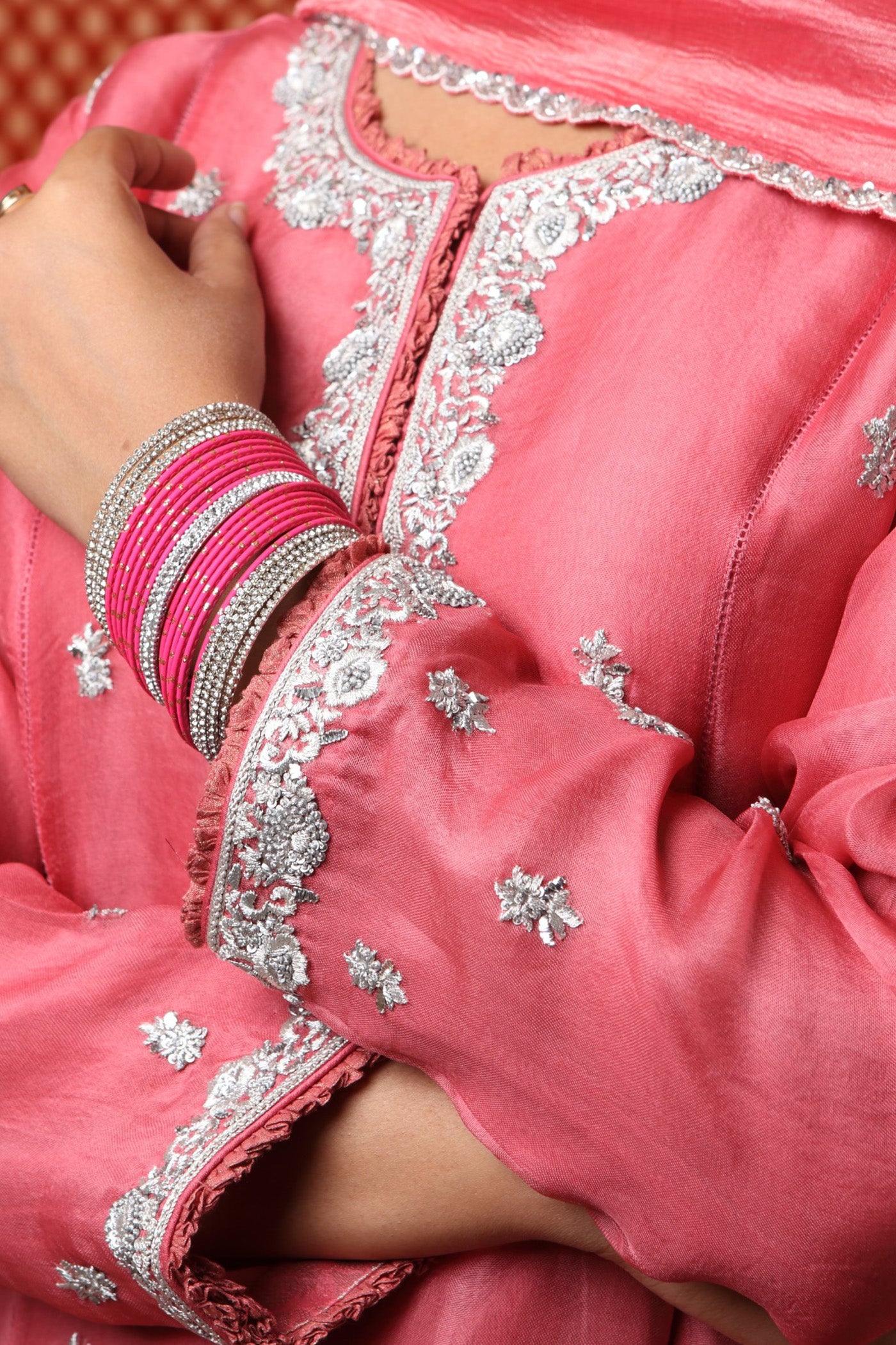 Hand Embroidered Dusty Candy Pink Pure Silk Organza Kurta Sharara Set