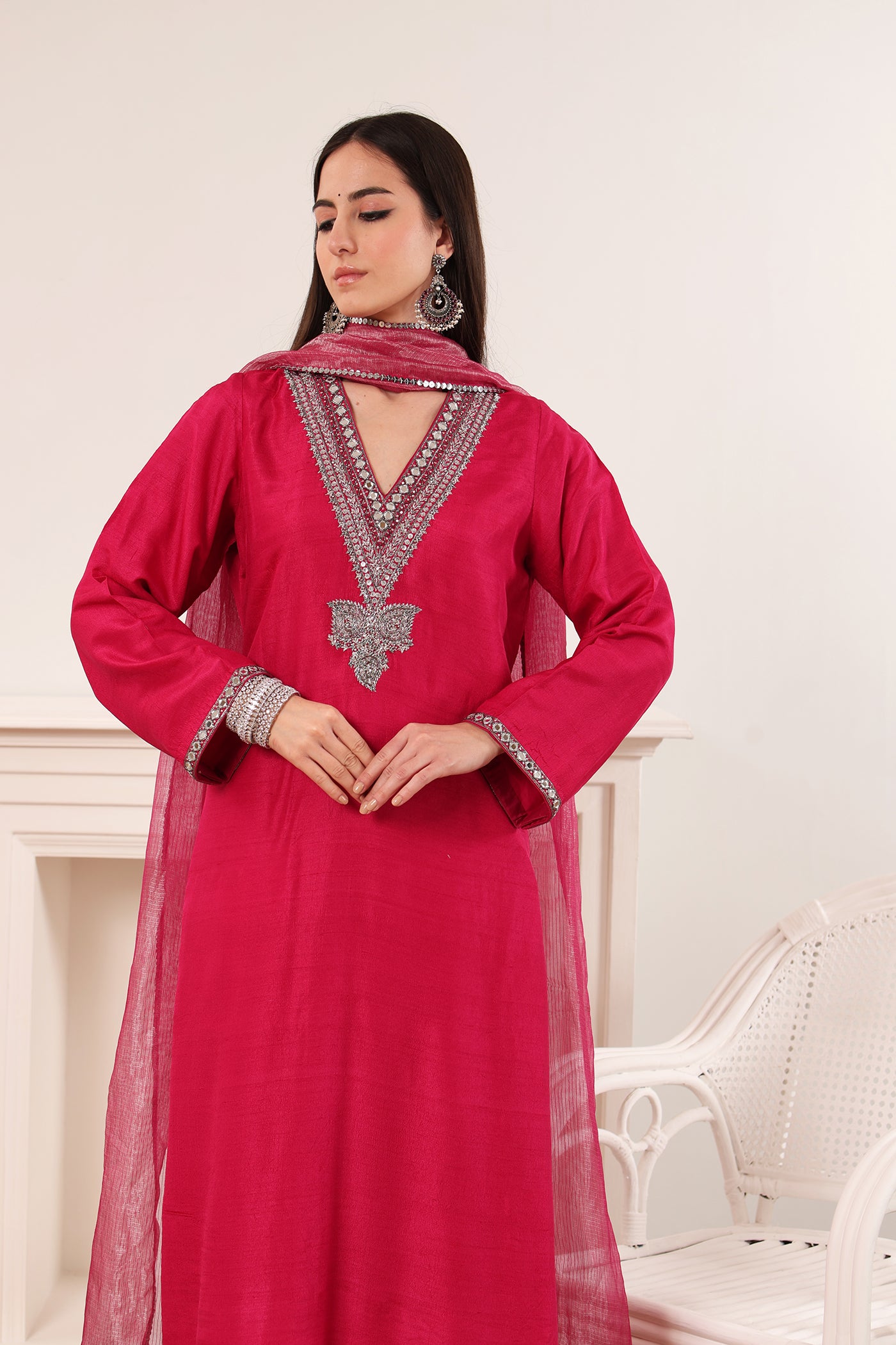 Rani-Pink Hand-Embroidered Pure Muga-Silk Kurta-Pants Set