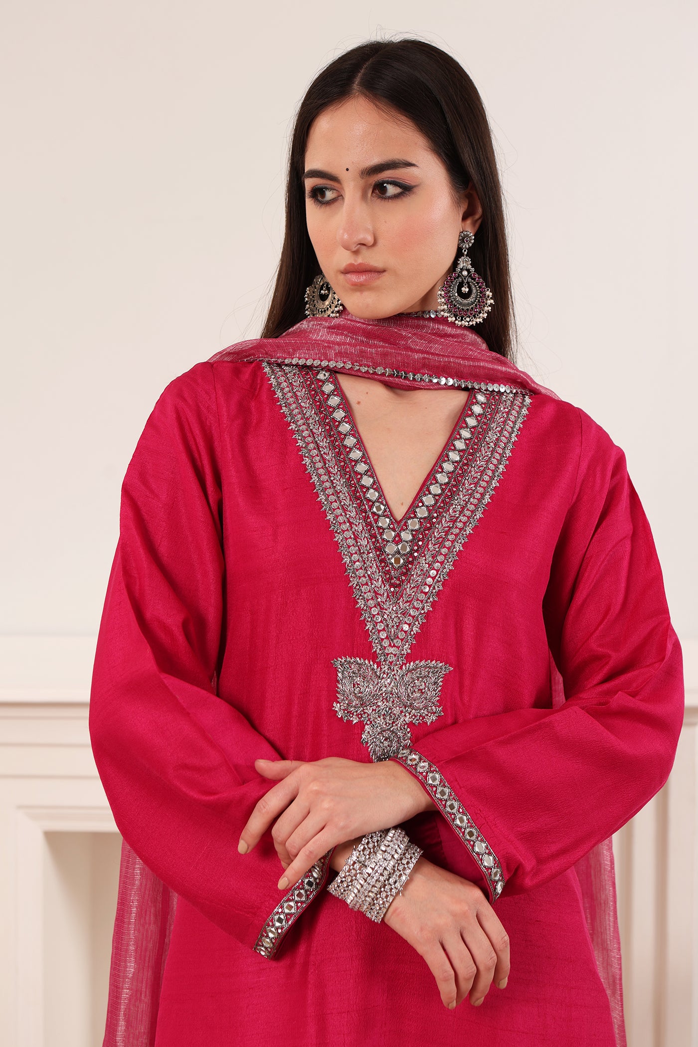 Rani-Pink Hand-Embroidered Pure Muga-Silk Kurta-Pants Set