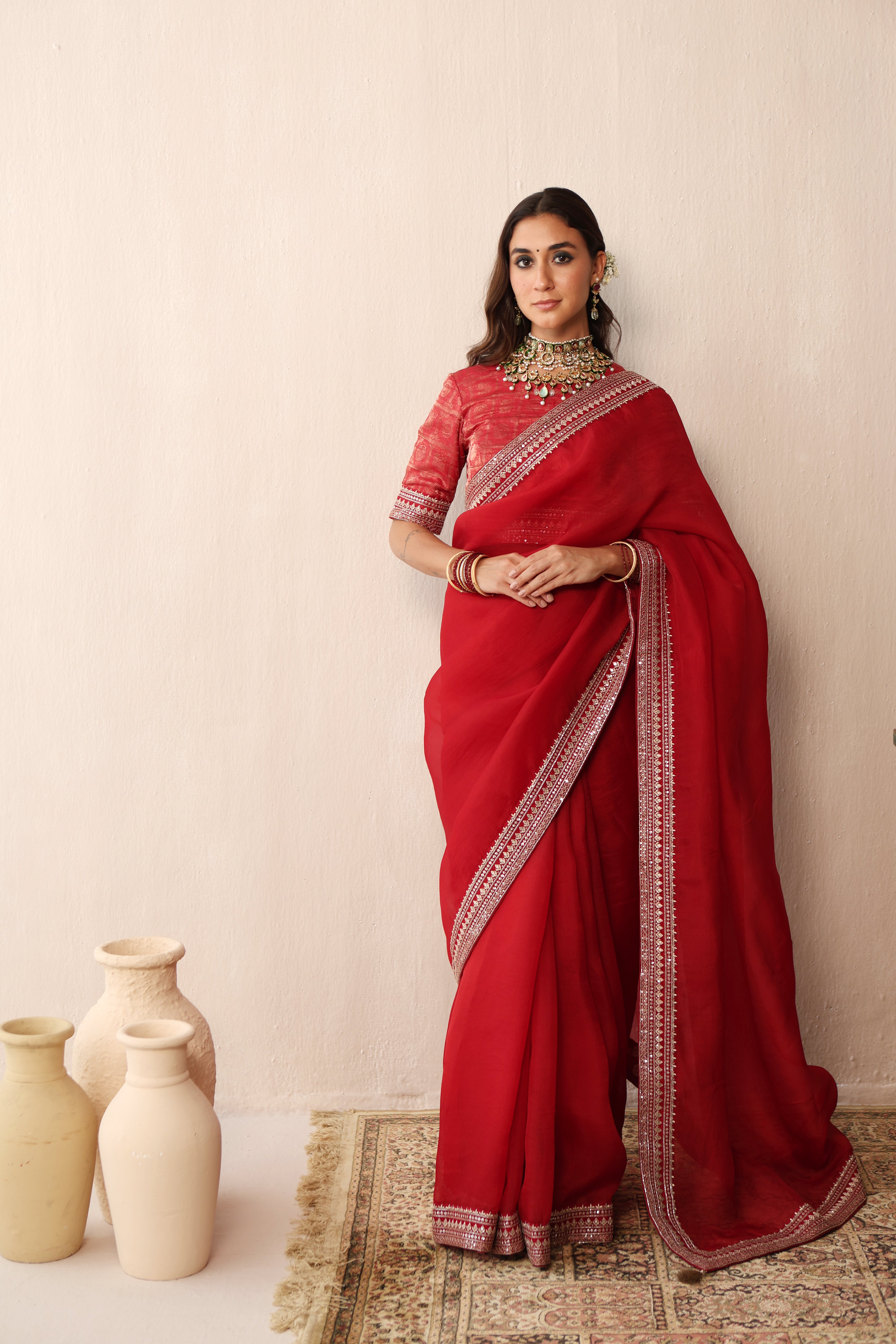 Bridal Red Embroidered Pure Silk-Organza Saree With Pure Silk Brocade Blouse Set