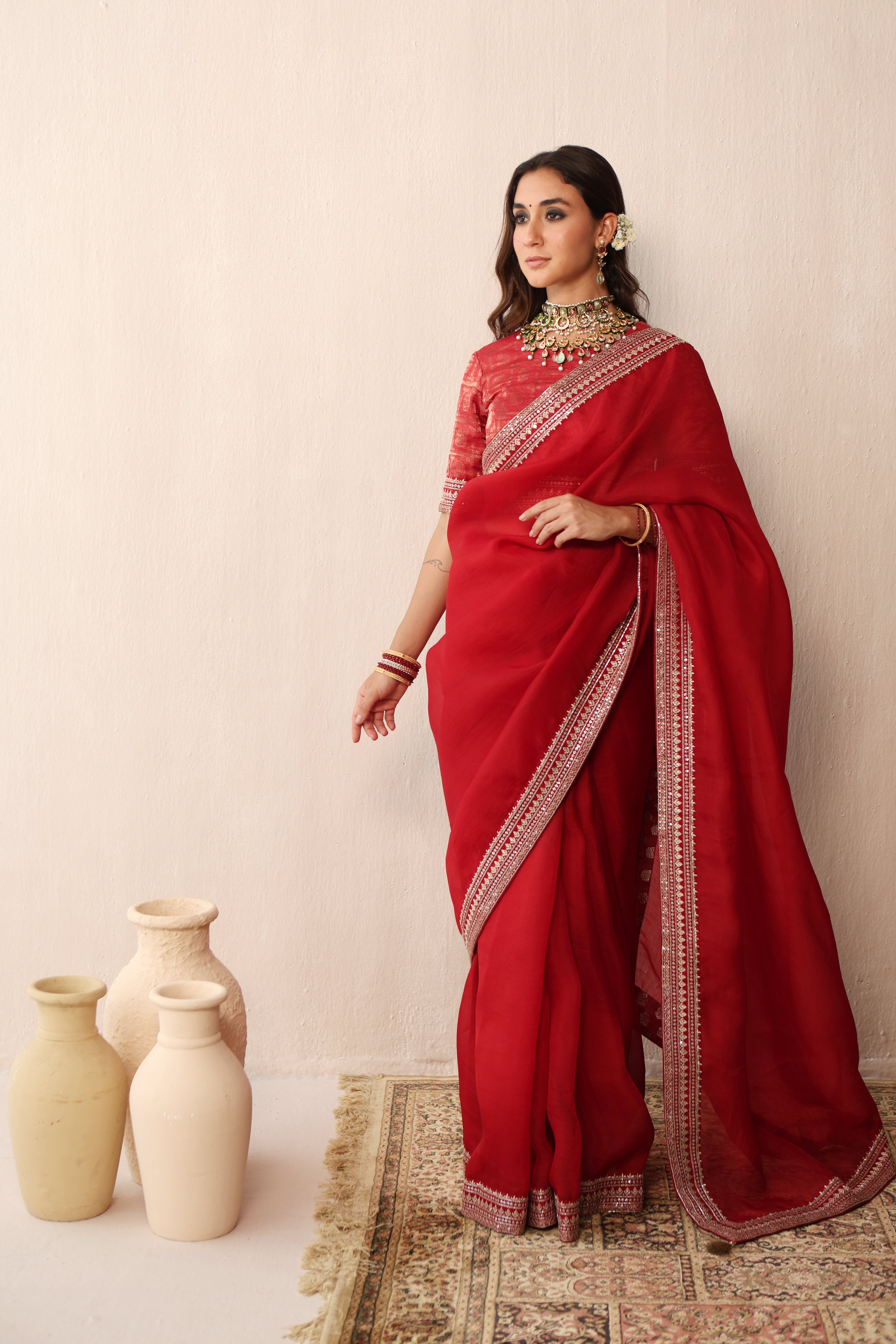 Bridal Red Embroidered Pure Silk-Organza Saree With Pure Silk Brocade Blouse Set