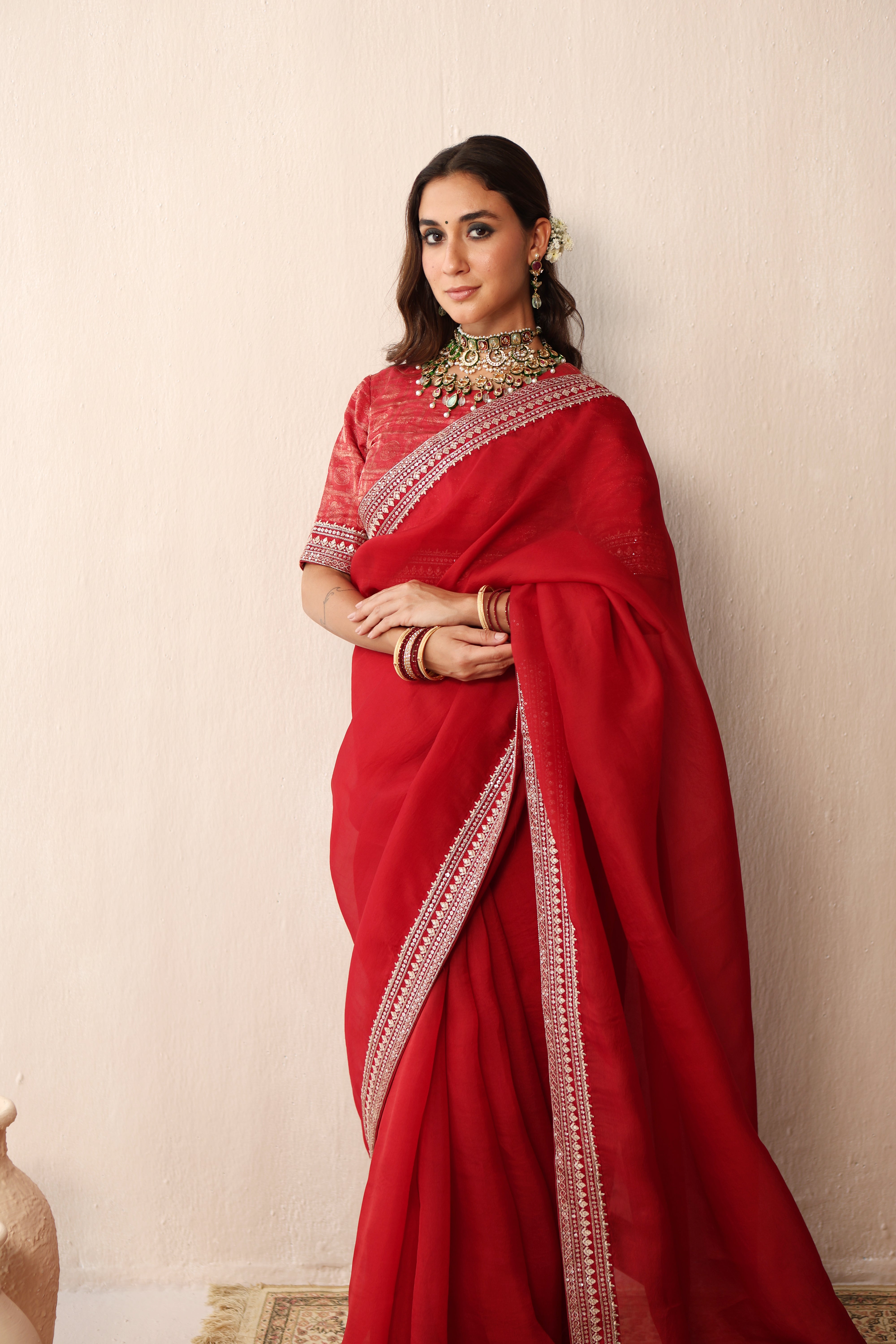 Bridal Red Embroidered Pure Silk-Organza Saree With Pure Silk Brocade Blouse Set