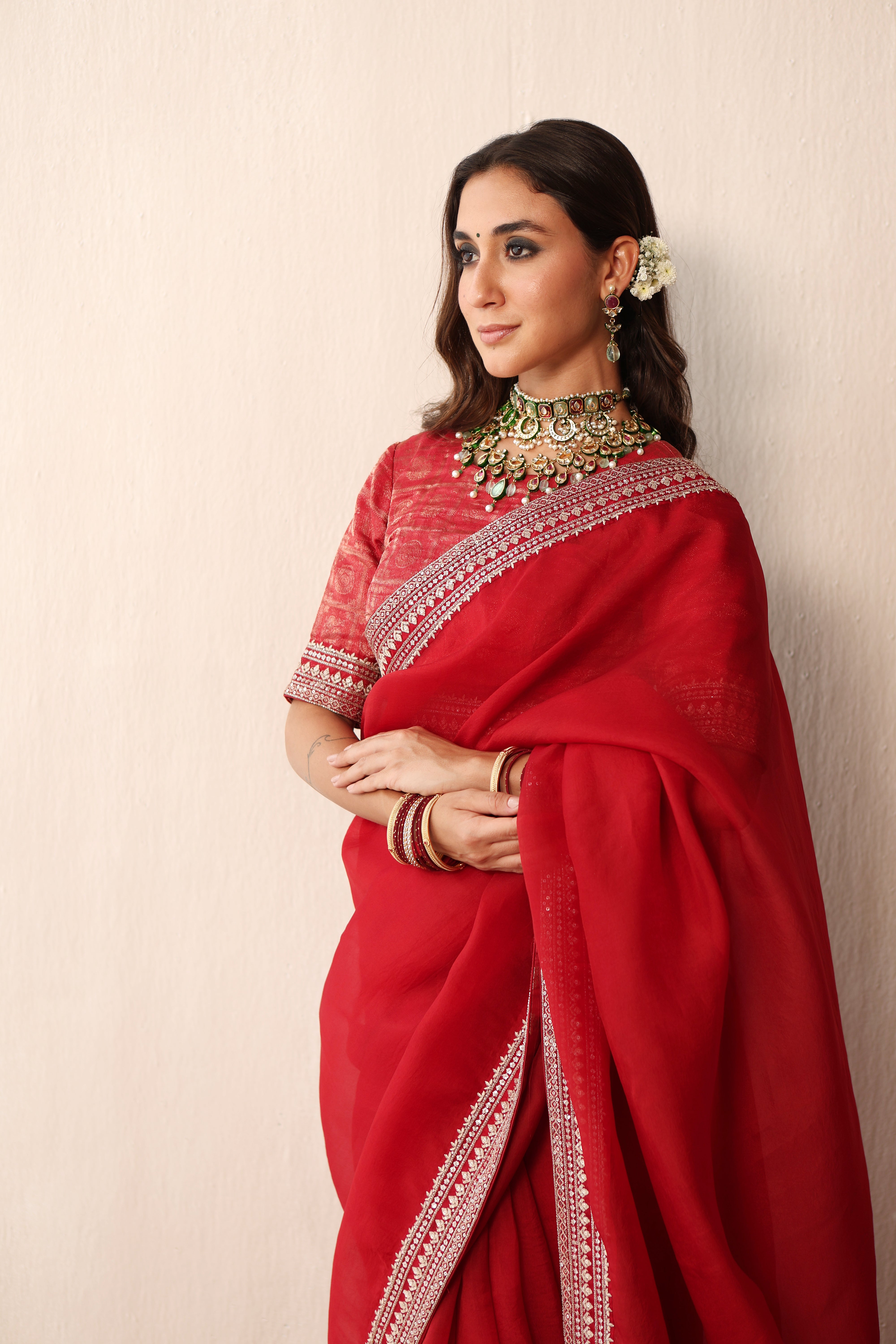 Bridal Red Embroidered Pure Silk-Organza Saree With Pure Silk Brocade Blouse Set