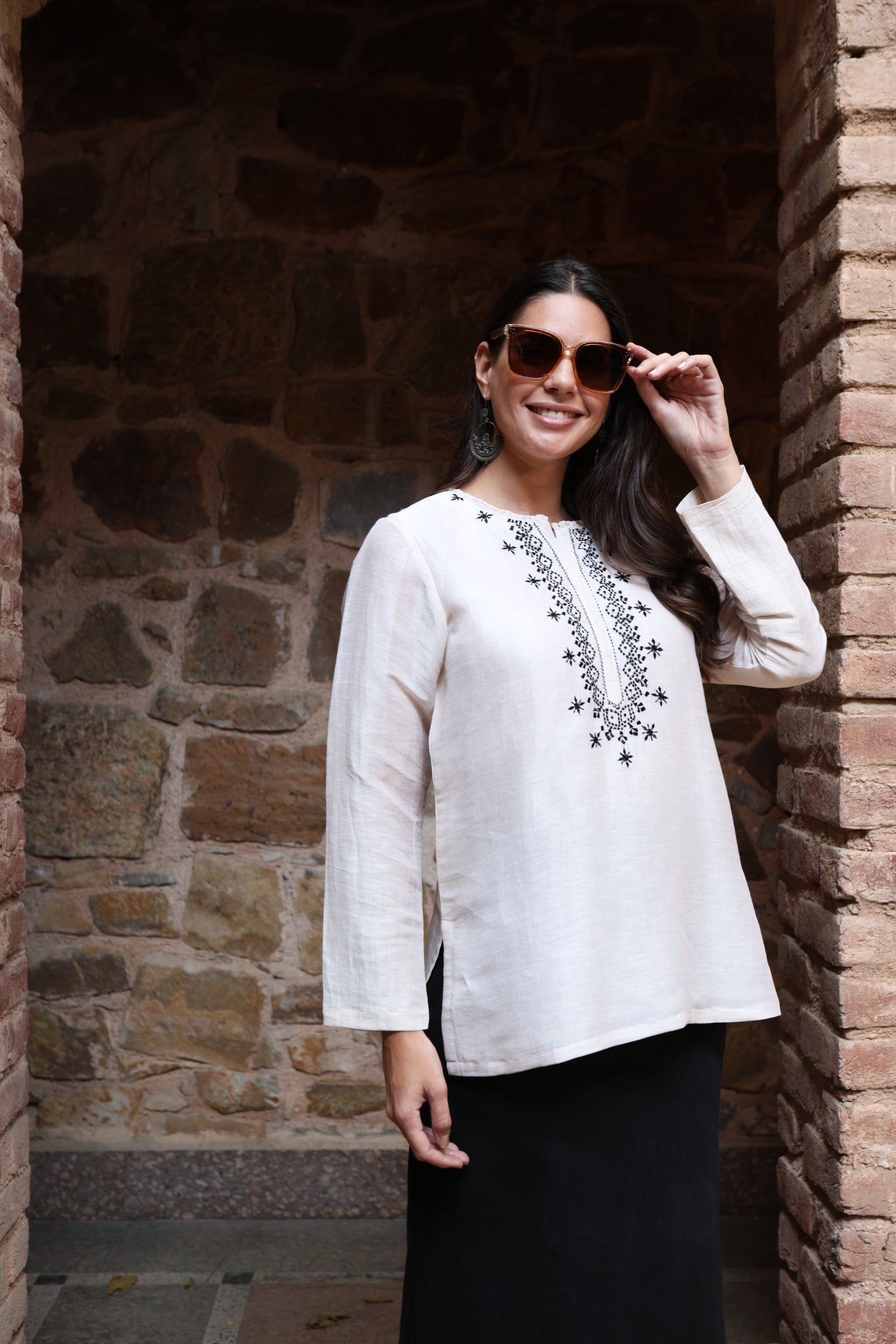 Ivory Embroidered Pure Linen-Silk Short-Blouse With Frilled Neckline
