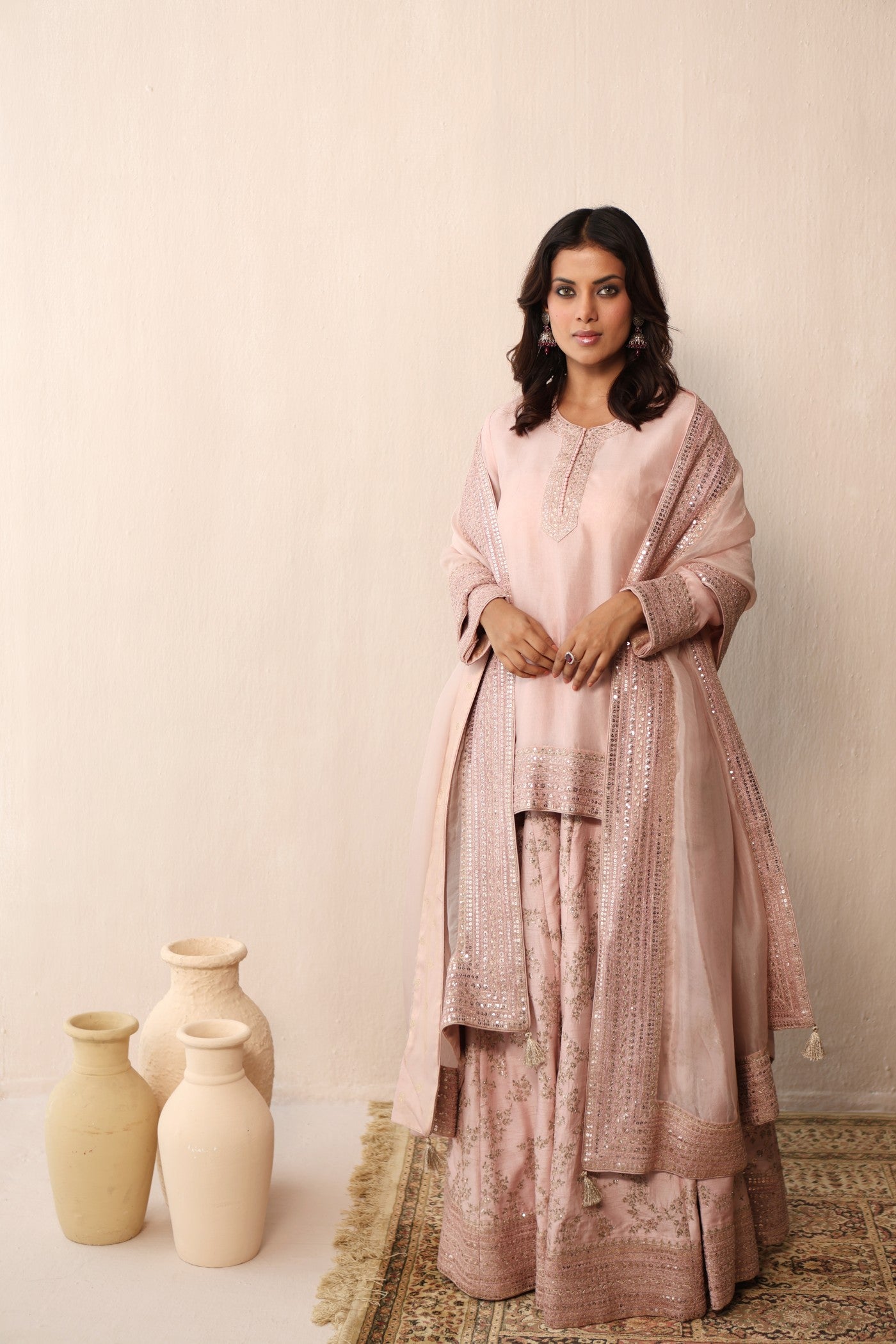 BABY-PINK HAND-EMBROIDERED PURE SILK-ORGANZA SHORT-KURTA-SHARARA SET