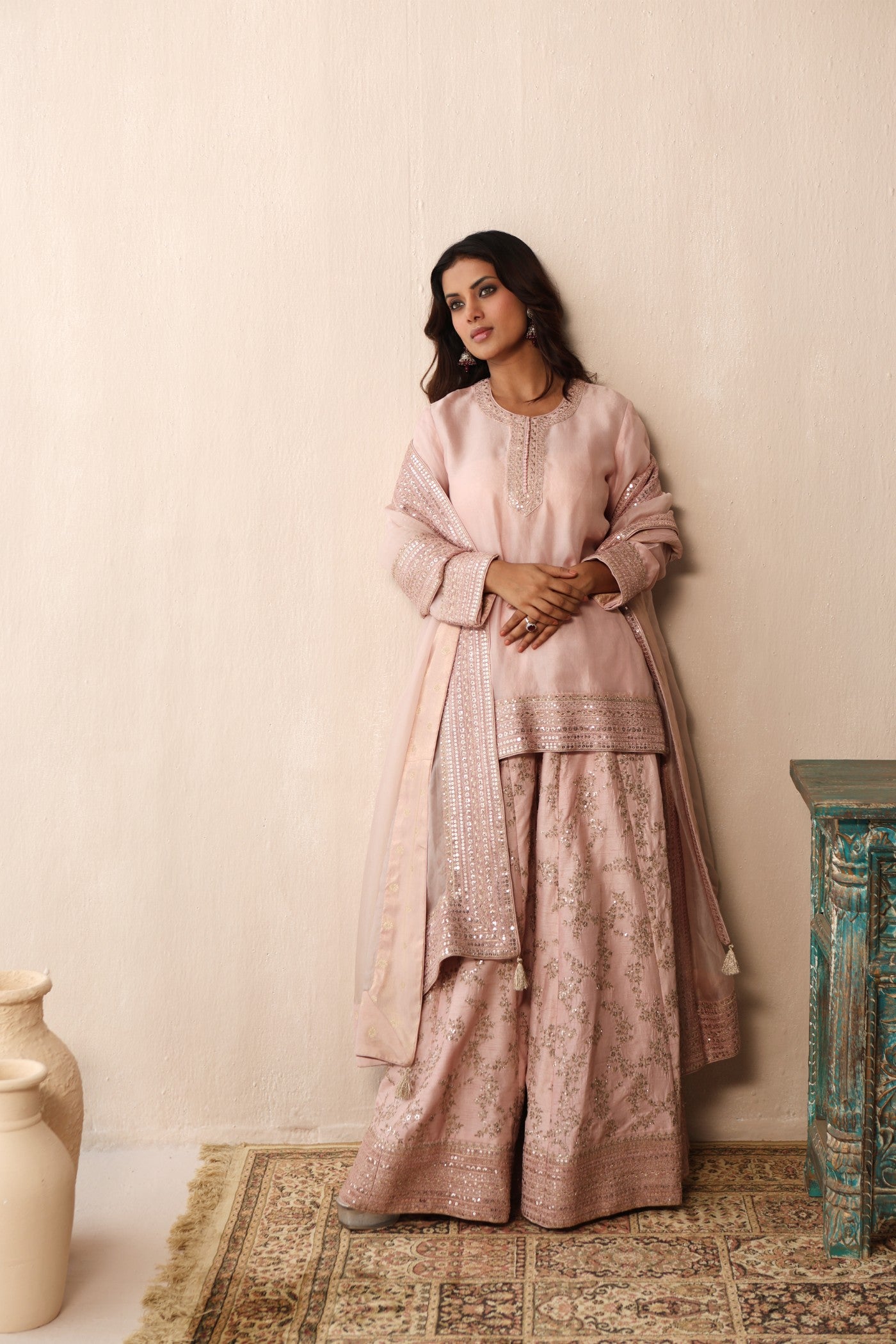 BABY-PINK HAND-EMBROIDERED PURE SILK-ORGANZA SHORT-KURTA-SHARARA SET