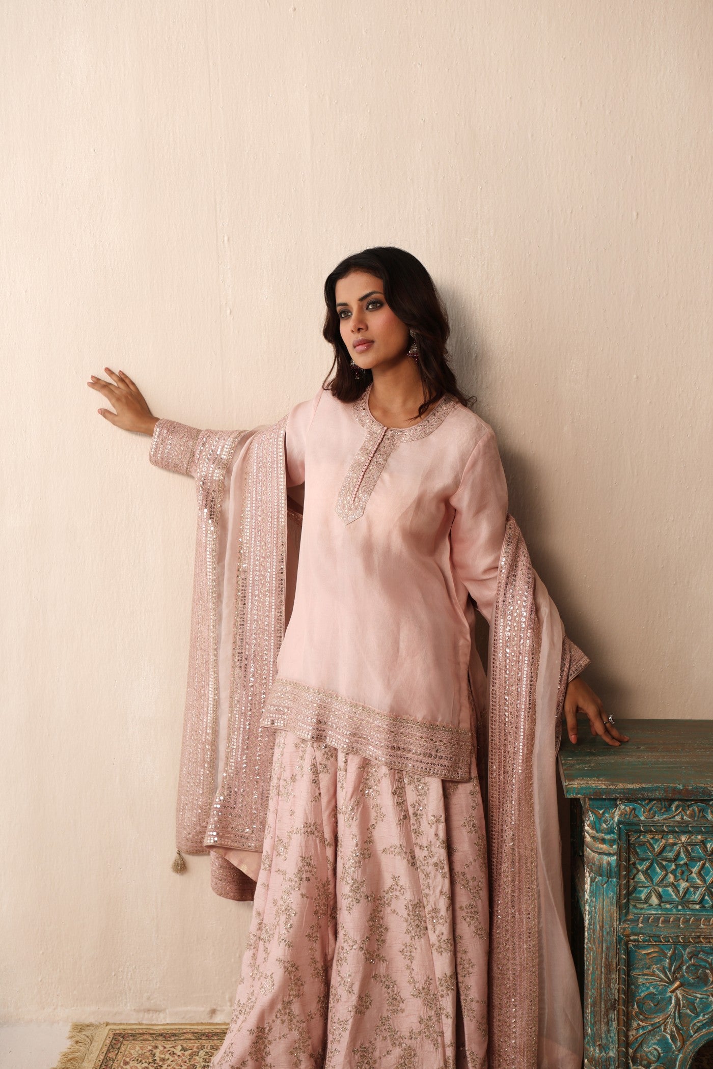 BABY-PINK HAND-EMBROIDERED PURE SILK-ORGANZA SHORT-KURTA-SHARARA SET