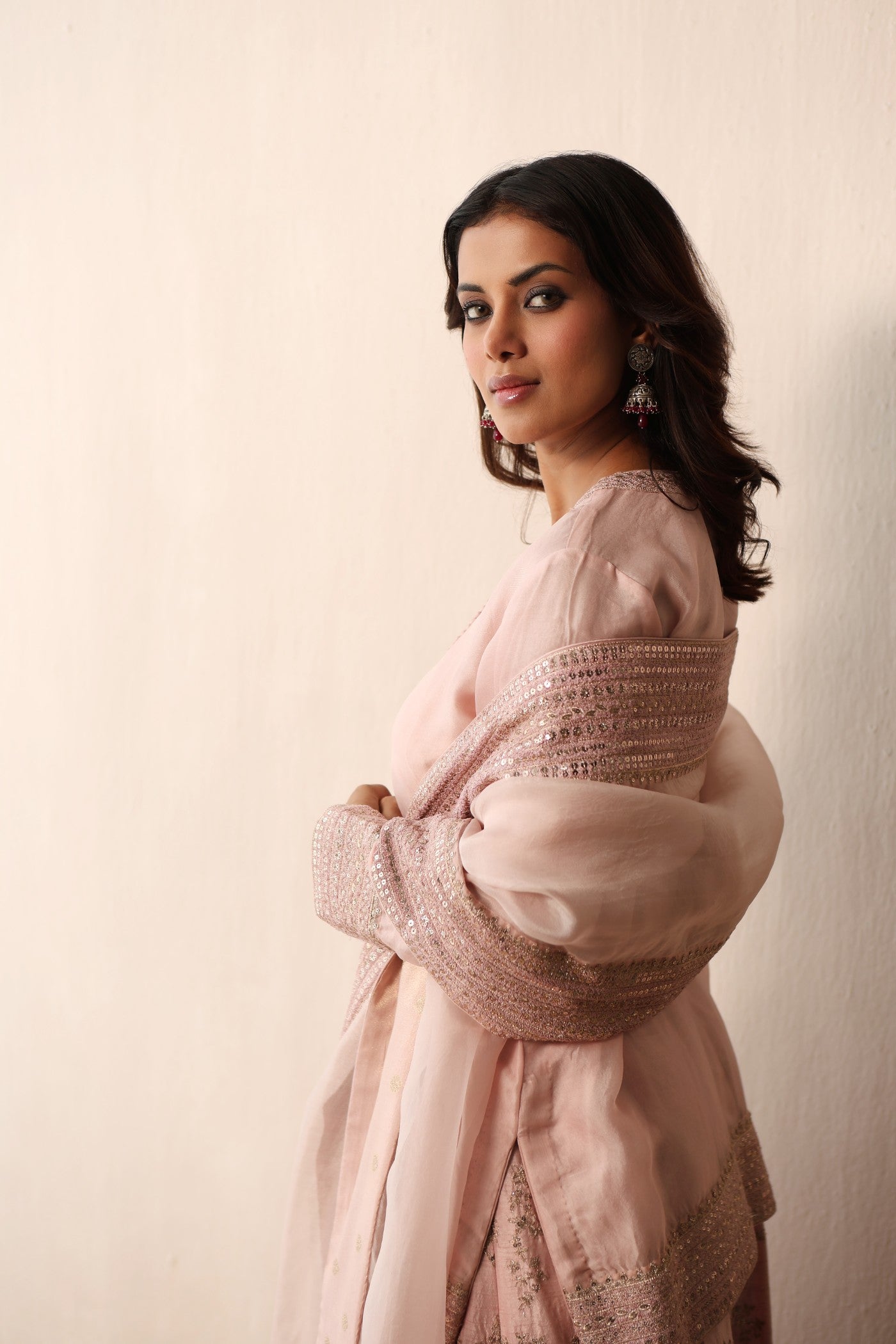 BABY-PINK HAND-EMBROIDERED PURE SILK-ORGANZA SHORT-KURTA-SHARARA SET