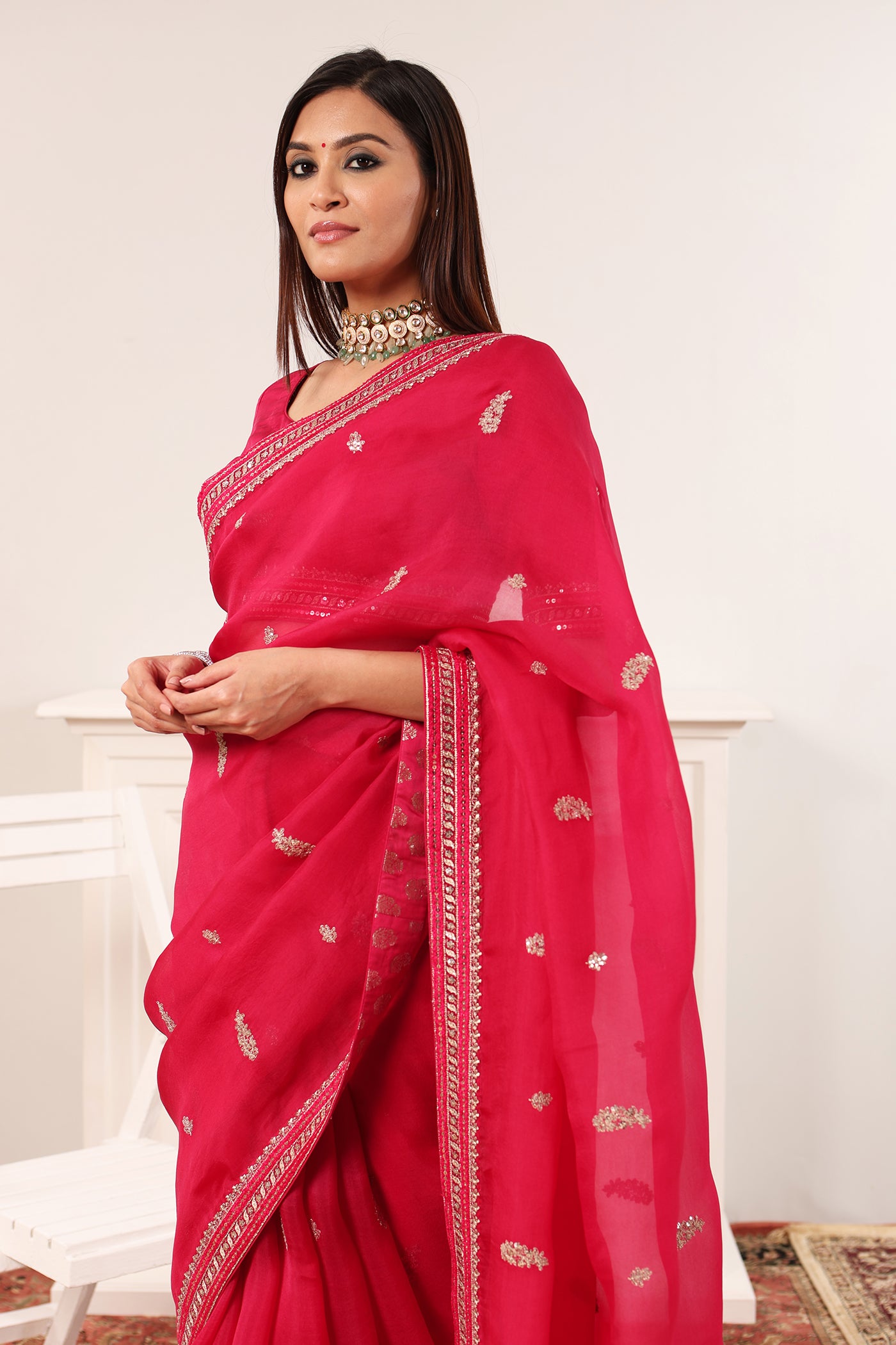 Bridal-Red Embroidered Pure Silk-Organza Saree-Blouse Set