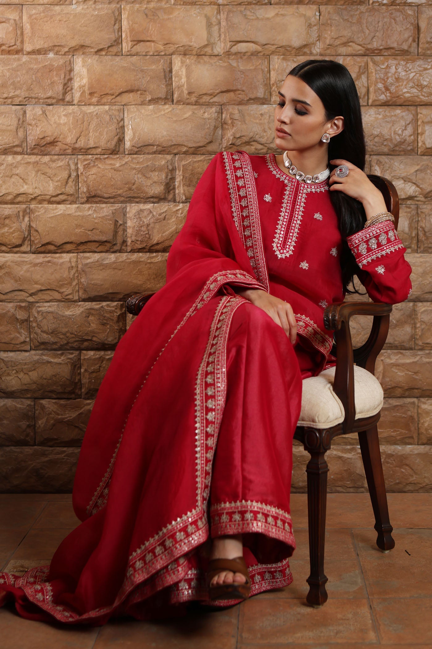 Rani-Pink Hand-Embroidered Pure Silk-Organza Short-Kurta-Sharara Set Paired With Pure Silk-Organza Dupatta