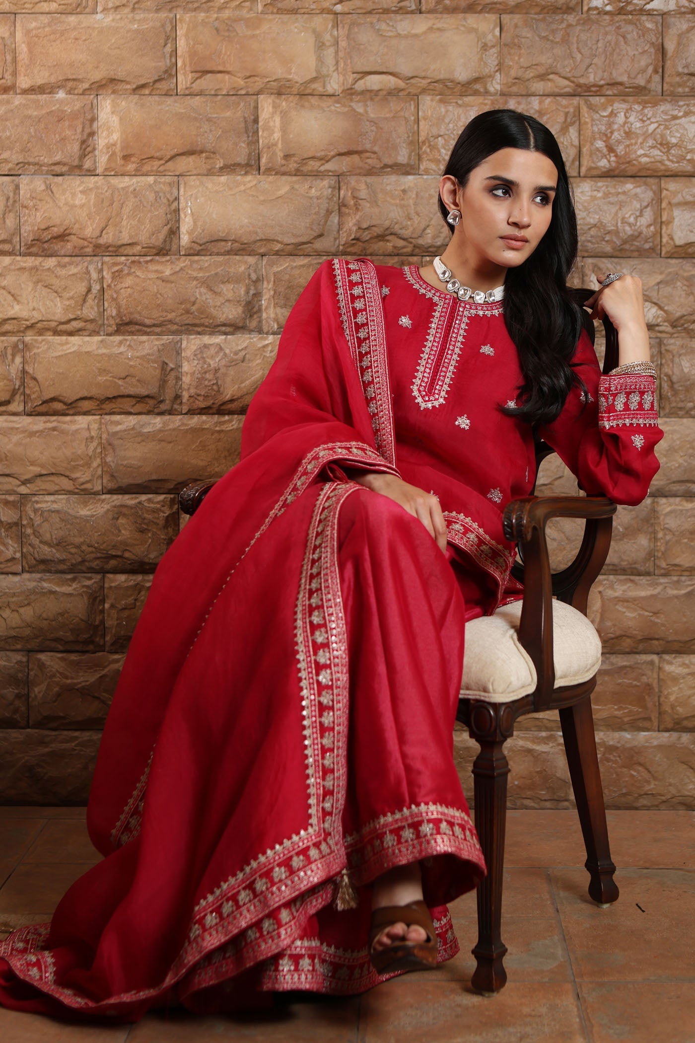 Rani-Pink Hand-Embroidered Pure Silk-Organza Short-Kurta-Sharara Set Paired With Pure Silk-Organza Dupatta
