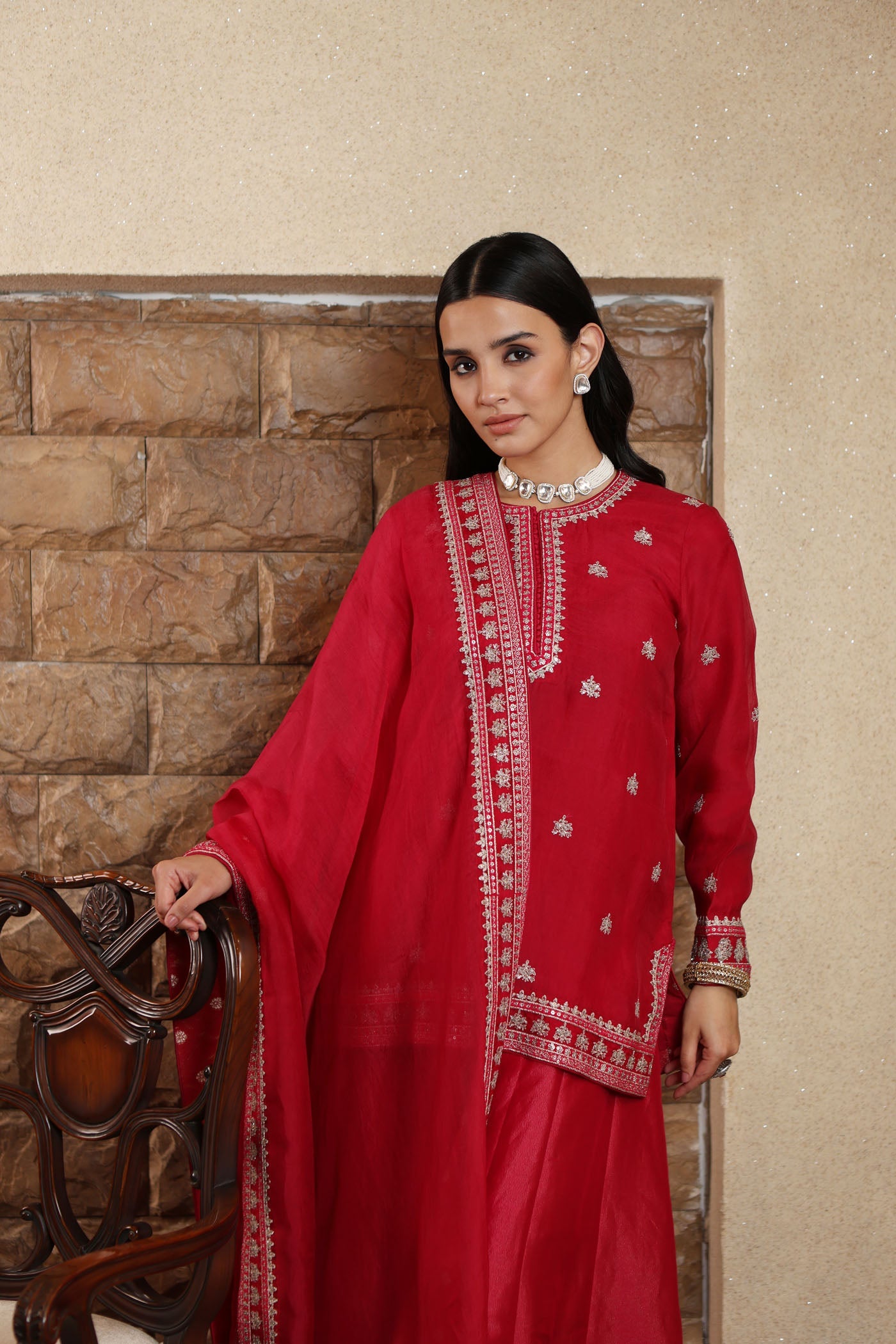 Rani-Pink Hand-Embroidered Pure Silk-Organza Short-Kurta-Sharara Set Paired With Pure Silk-Organza Dupatta